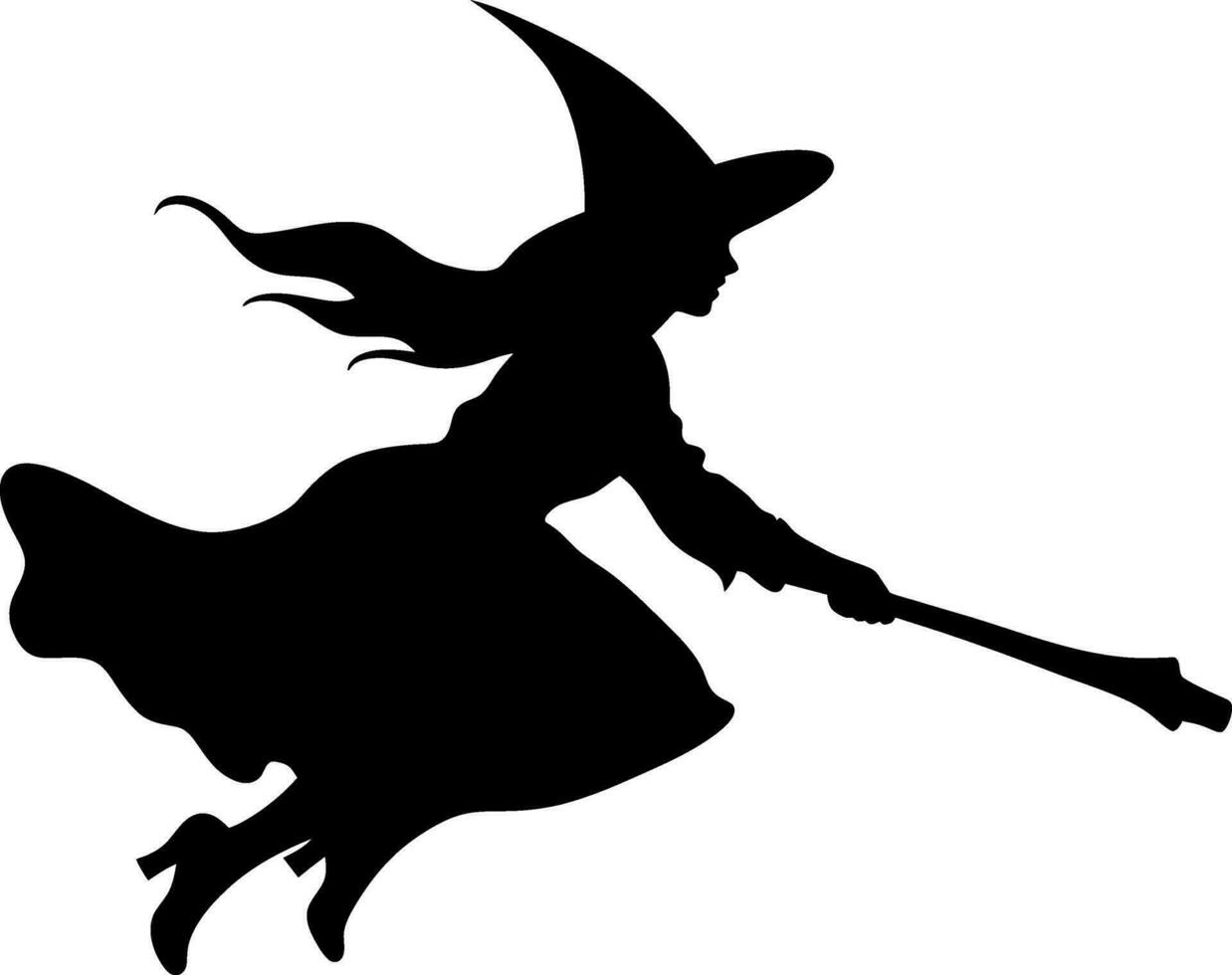 vector beautiful witch. flying witch with broom. black witch silhoutte vector illustration on white background.