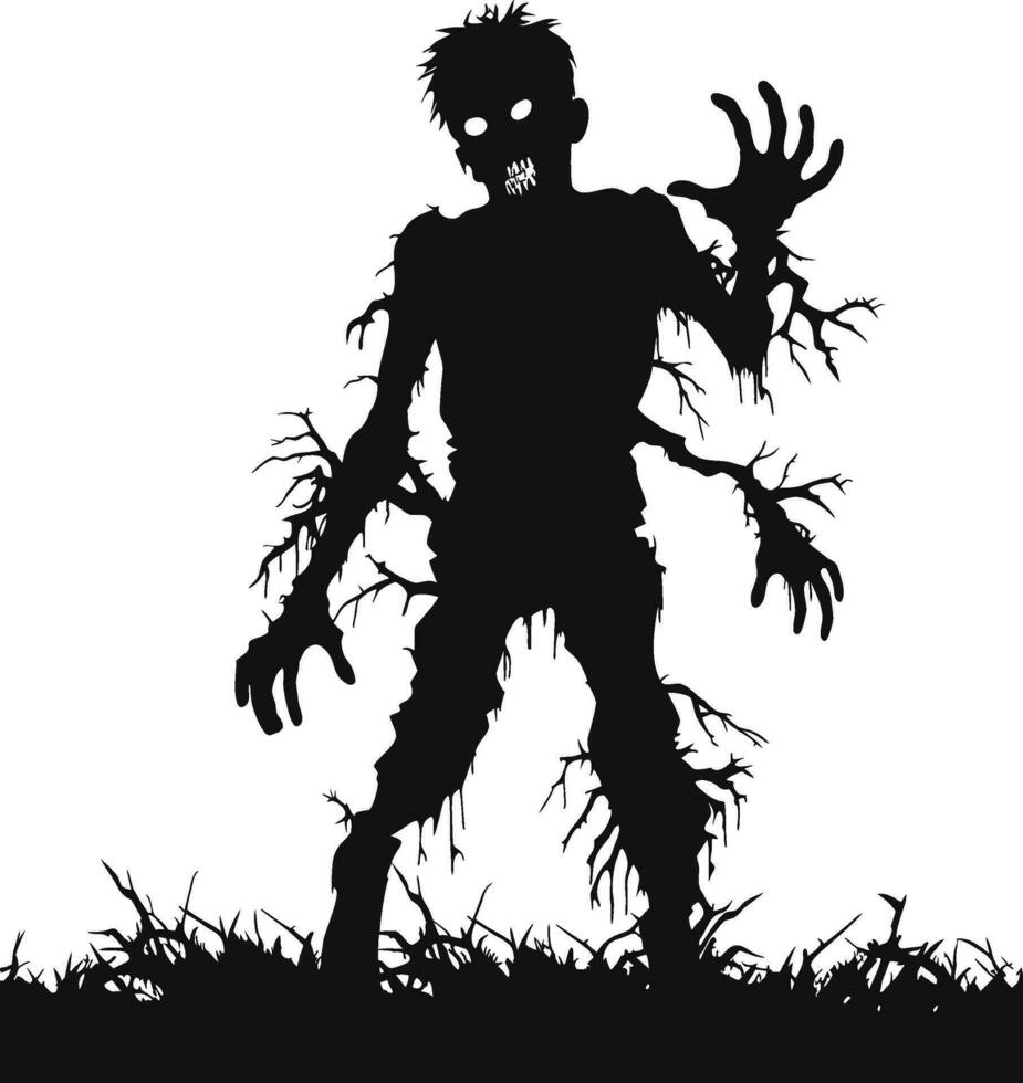 vector en pie zombi con Siniestro rostro. Víspera de Todos los Santos zombi con oscuro hueco. monstruo con de miedo cara y levantamiento Hamds con árbol vector ilustración en blanco antecedentes.