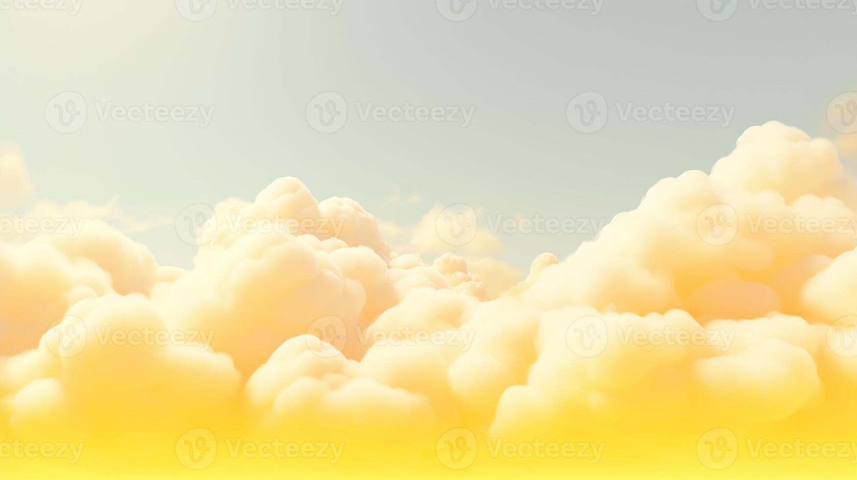 Generative AI, Light yellow fantastic 3d clouds on the floor, sky and landscape. Gentle colors and with bright lights. photo