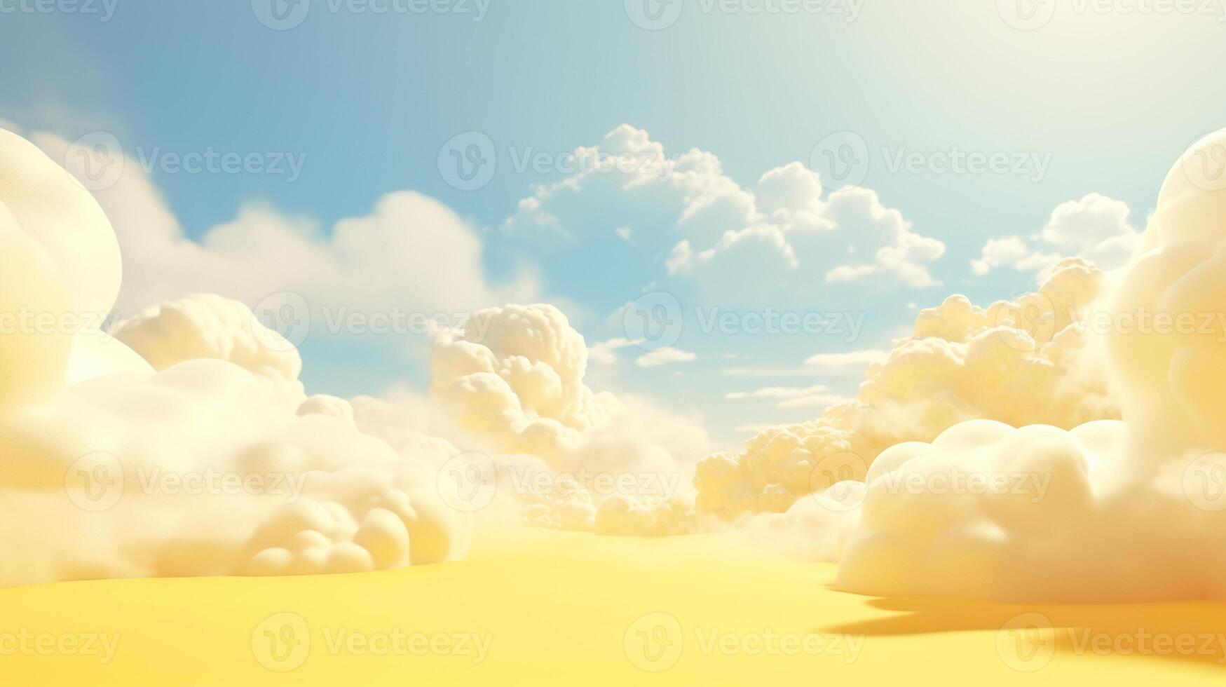 , Light yellow fantastic 3d clouds on the floor, sky and landscape. Gentle colors and with bright lights. photo
