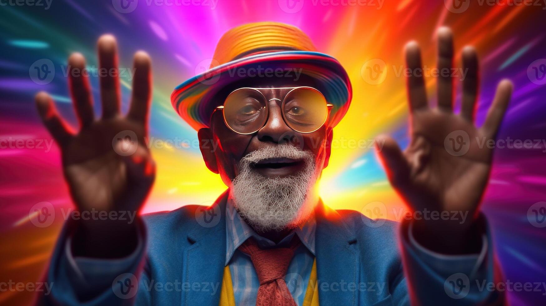 Generative AI, African American funny happy old retirement man closeup portrait, wearing glasses and modern fashionable clothes photo