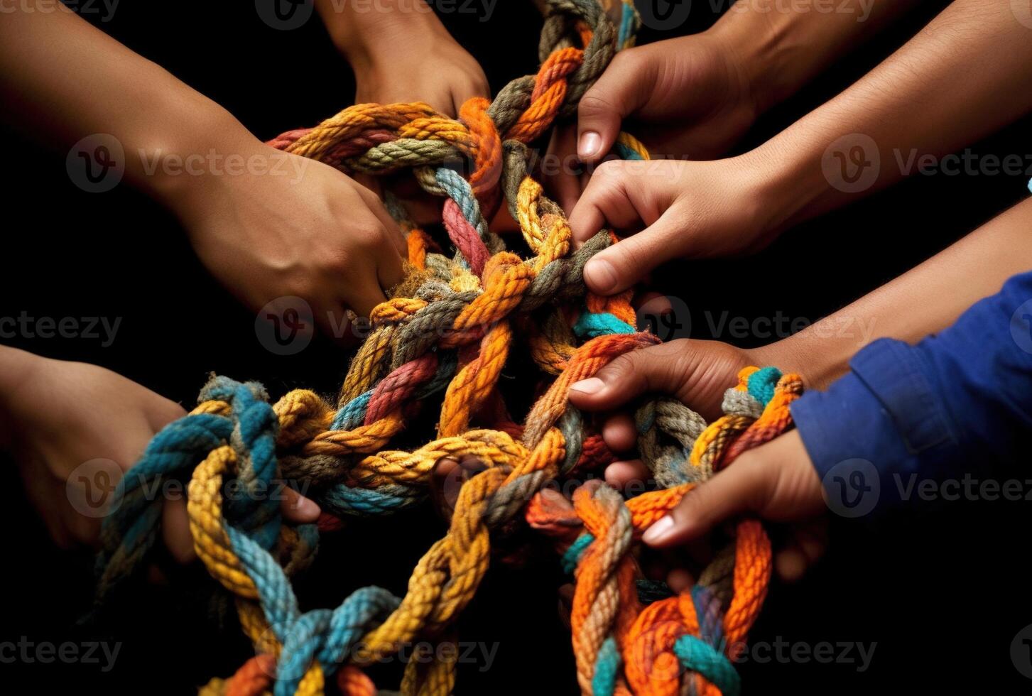 , peoples hands working together to untangle a knotted rope. Business teamwork. photo
