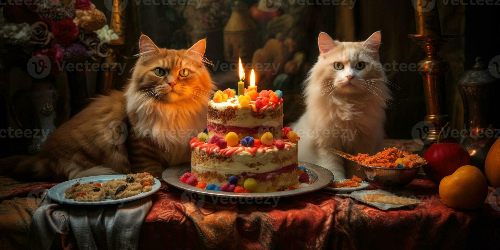 Generative AI, Cat birthday party, cake with a candles photo