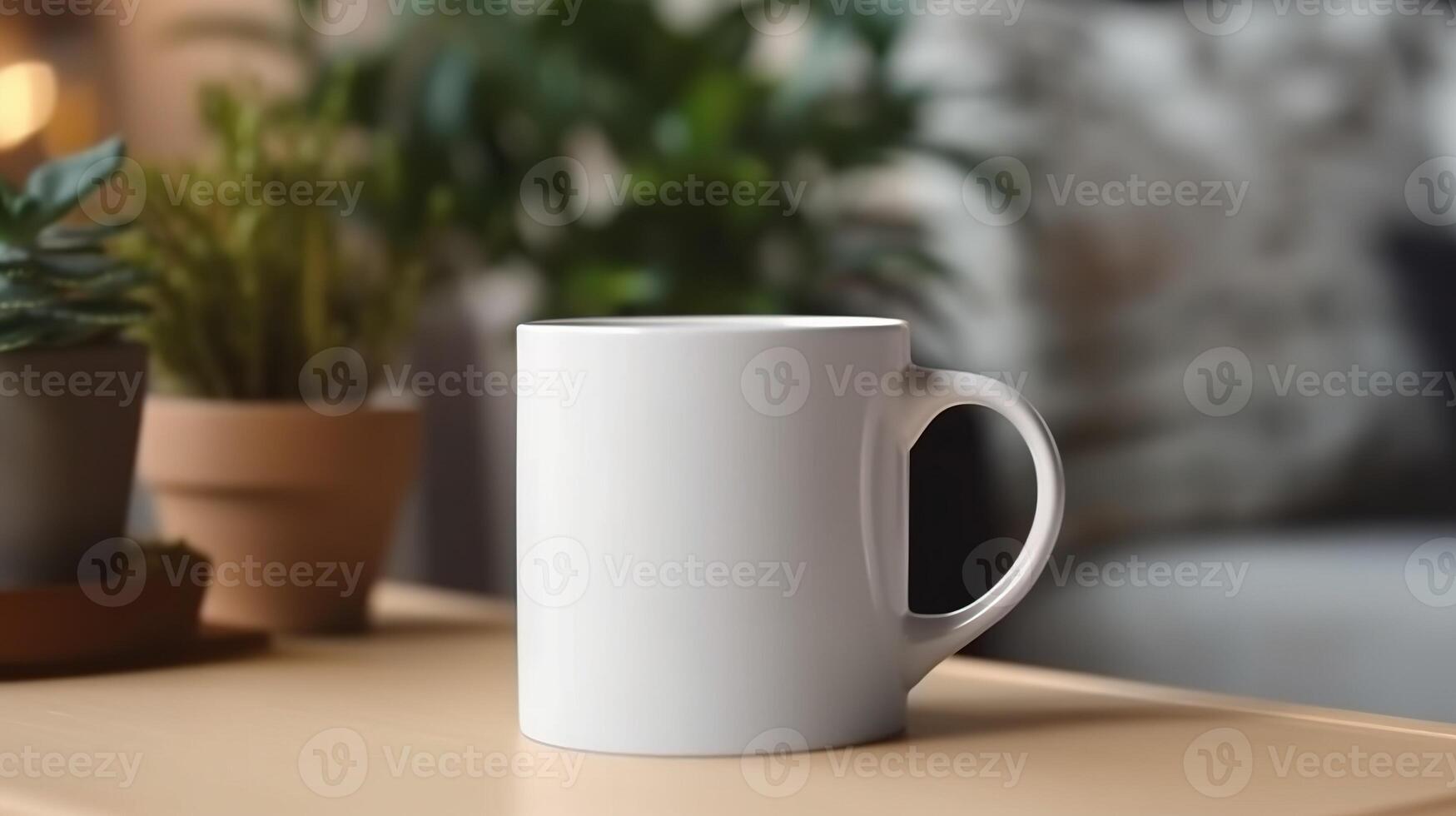 , White ceramic cup set-up in at home interior, mug mock up blank. photo