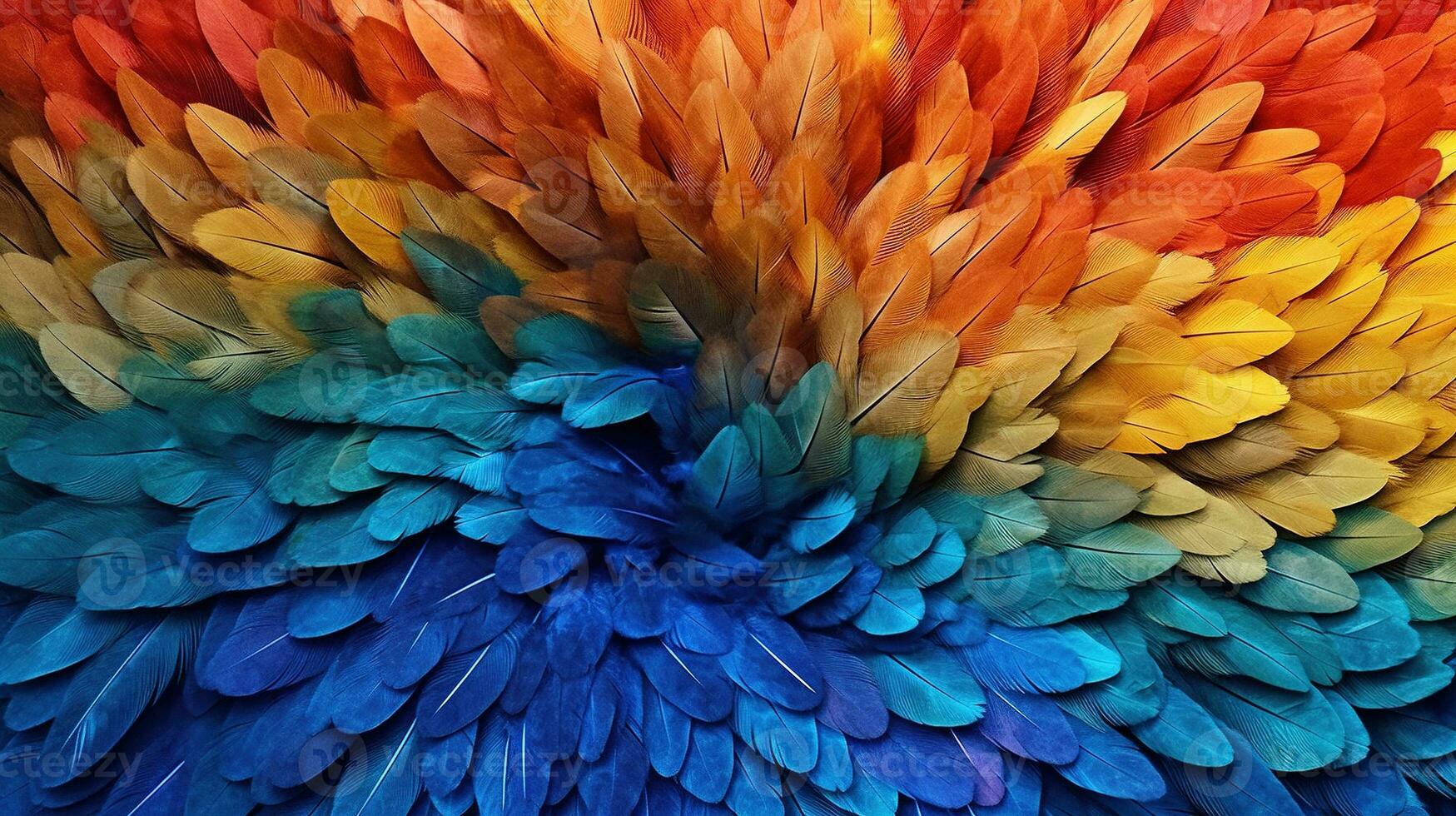 Generative AI, Beautiful rainbow colorful closeup feathers, photorealistic background, top view, aerial view. Small fluffy, inspired by Andreas Gursky and Andy Goldsworthy photo