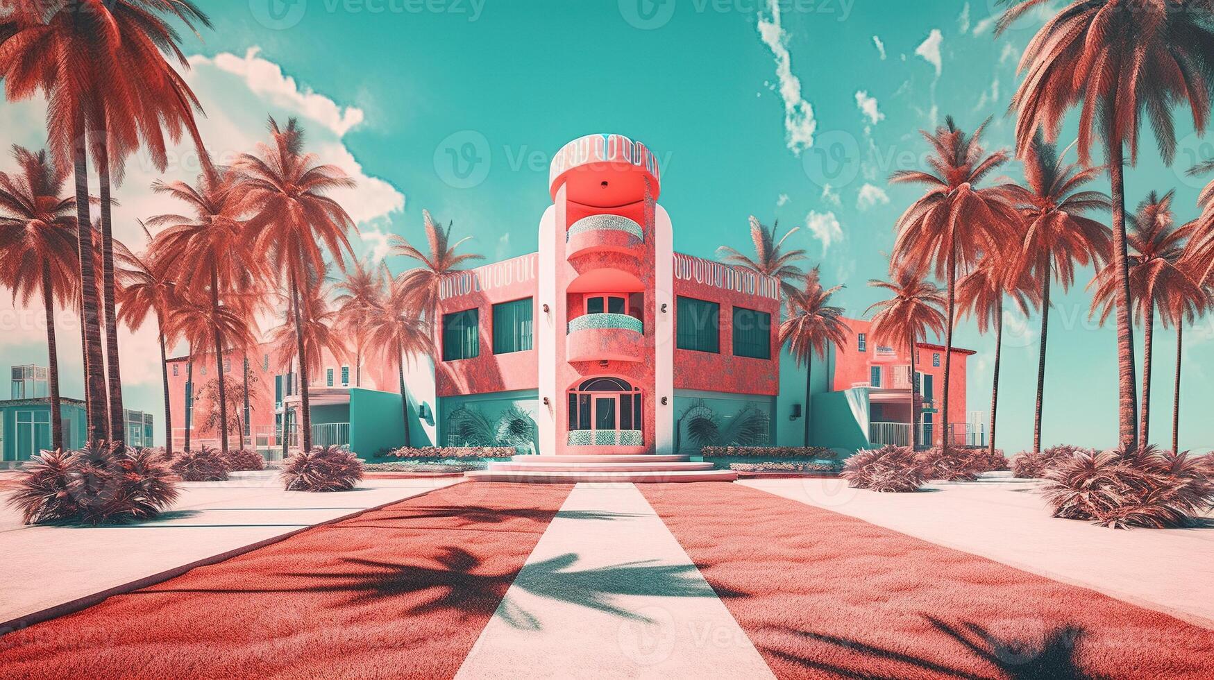 , Miami Summer Vibes retro illustration. Vintage pink and blue colors, buildings, California palms, 80s style photo