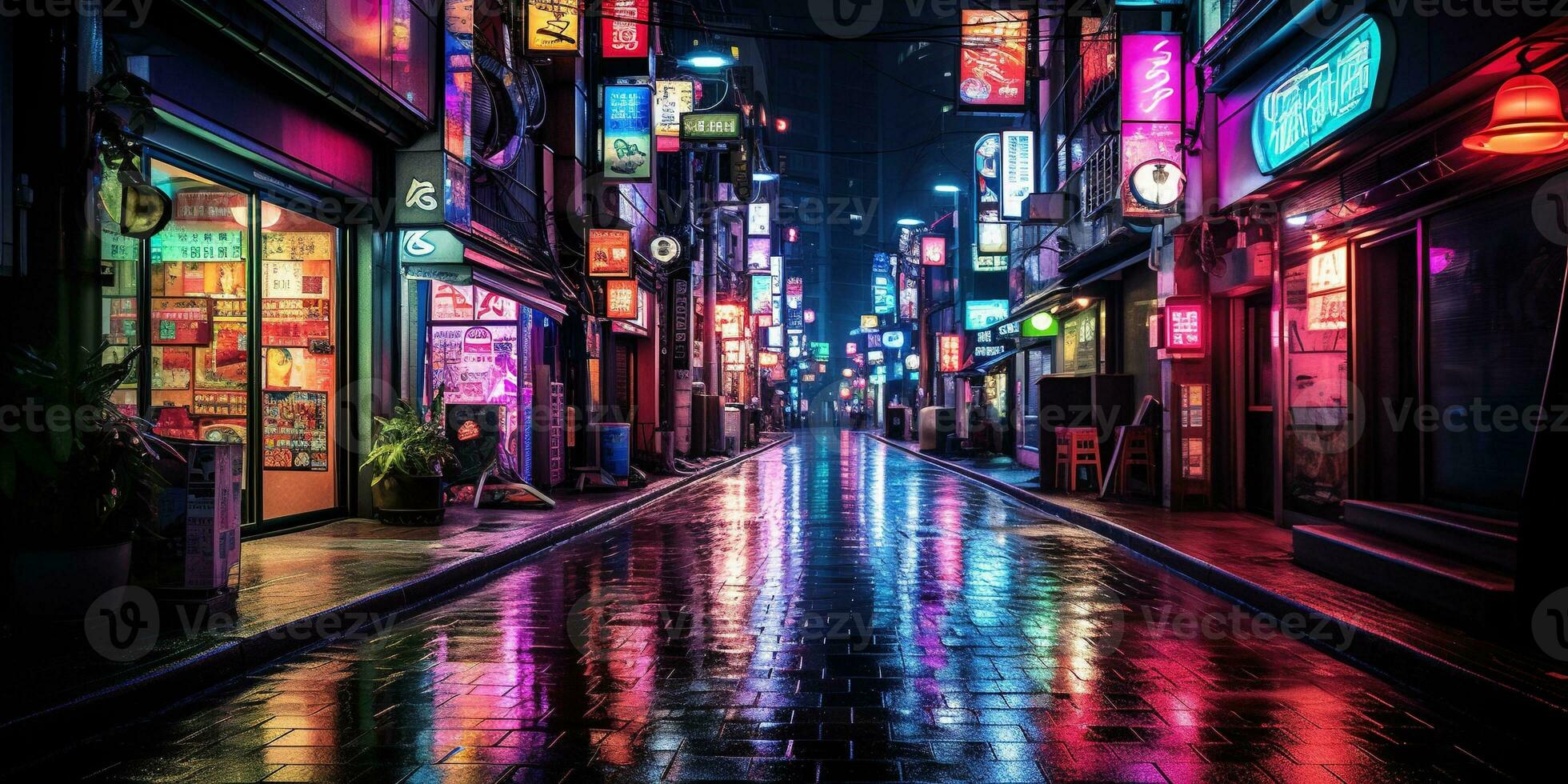 Generative AI, Night scene of big Tokyo city in cyberpunk style, futuristic nostalgic 80s, 90s. Neon lights vibrant colors, photorealistic horizontal illustration photo