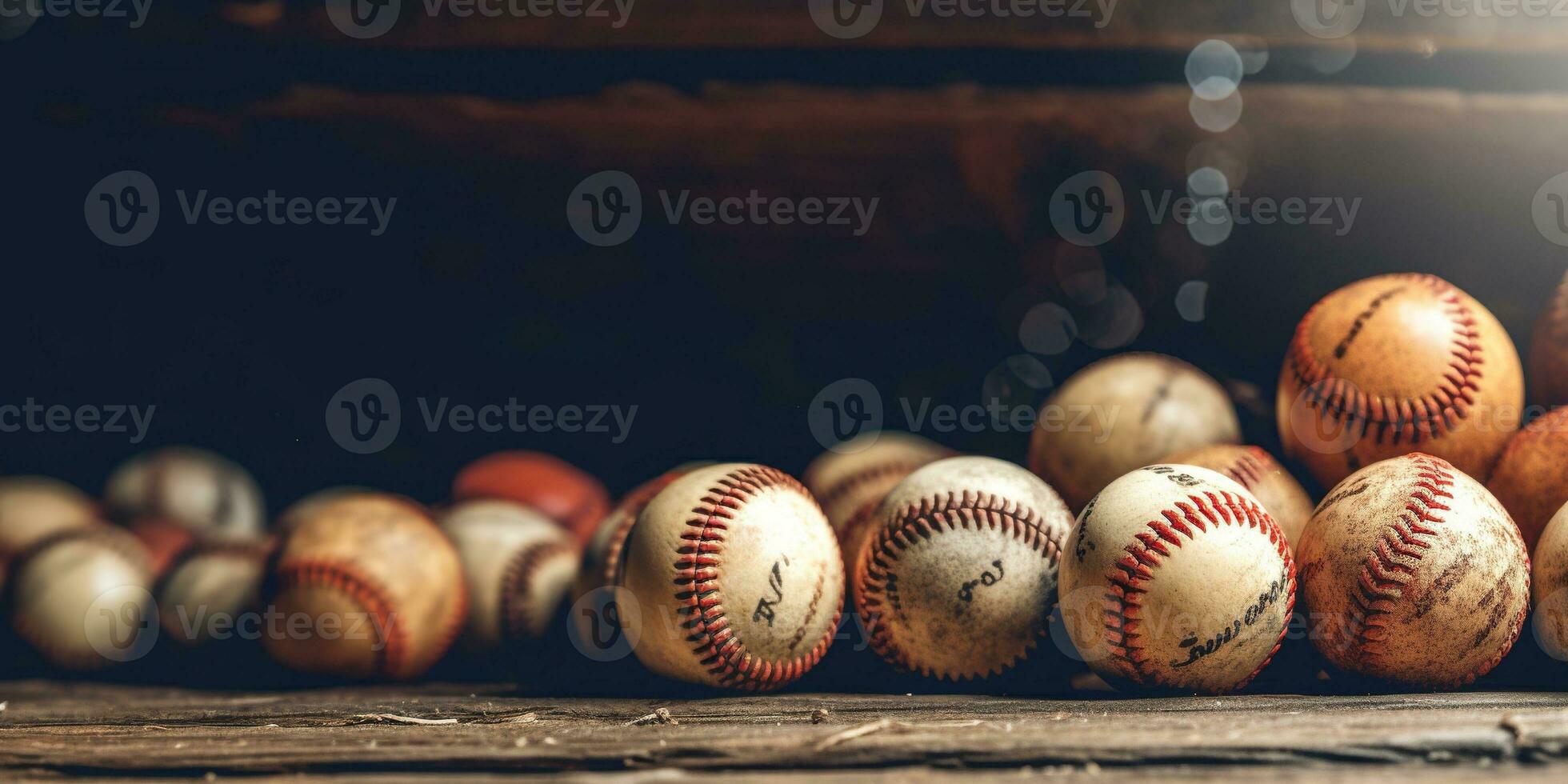 Generative AI, Rough and rugged texture of old baseball balls close up on vintage background photo