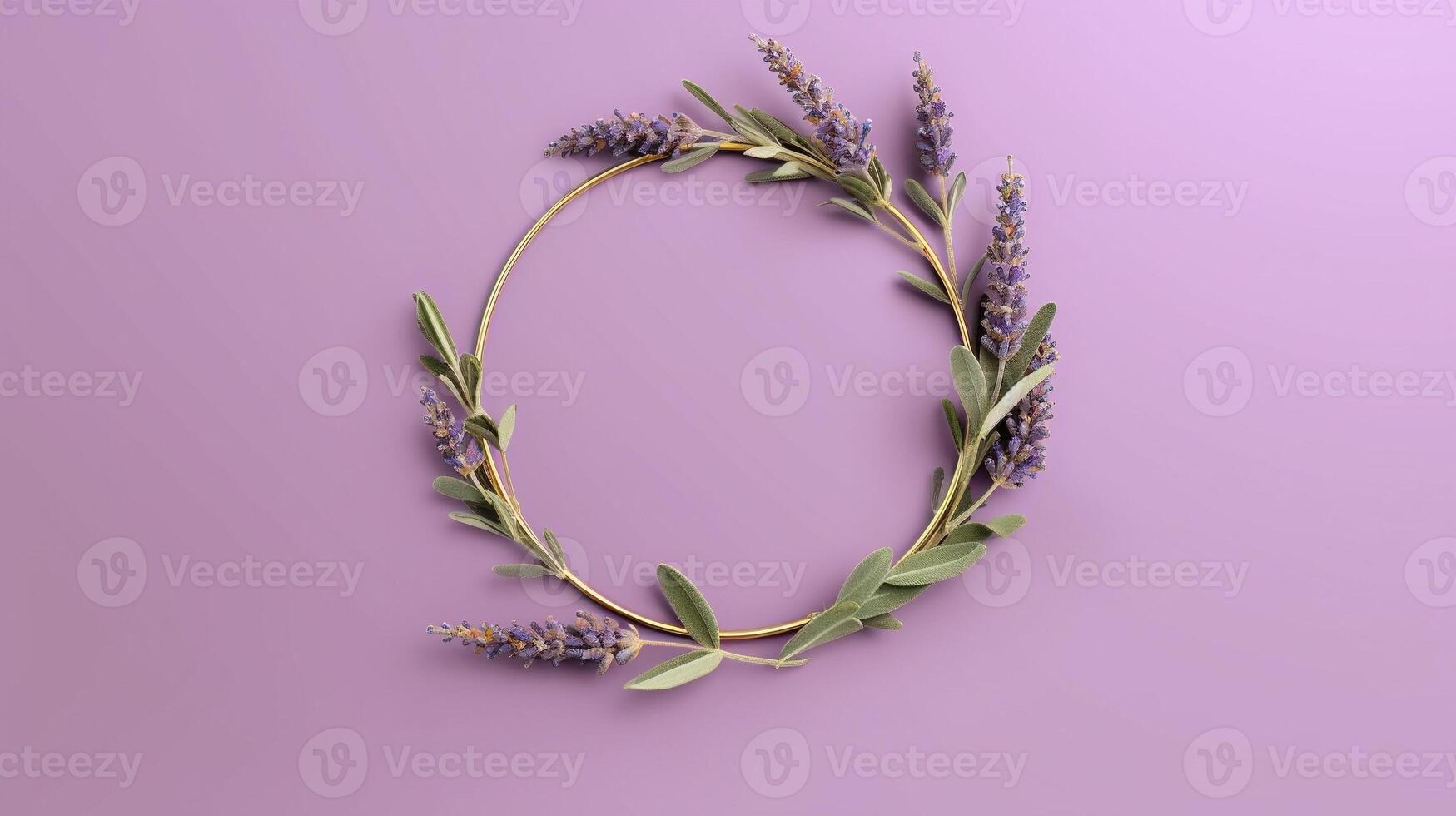 Generative AI, wreath of lavender branches flowers with copy space, natural organic floral frame violet background photo