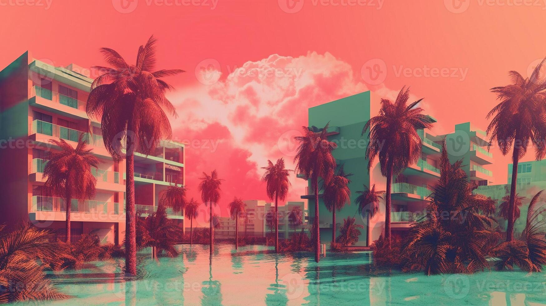 , Miami Summer Vibes retro illustration. Vintage pink and blue colors, buildings, California palms, 80s style photo