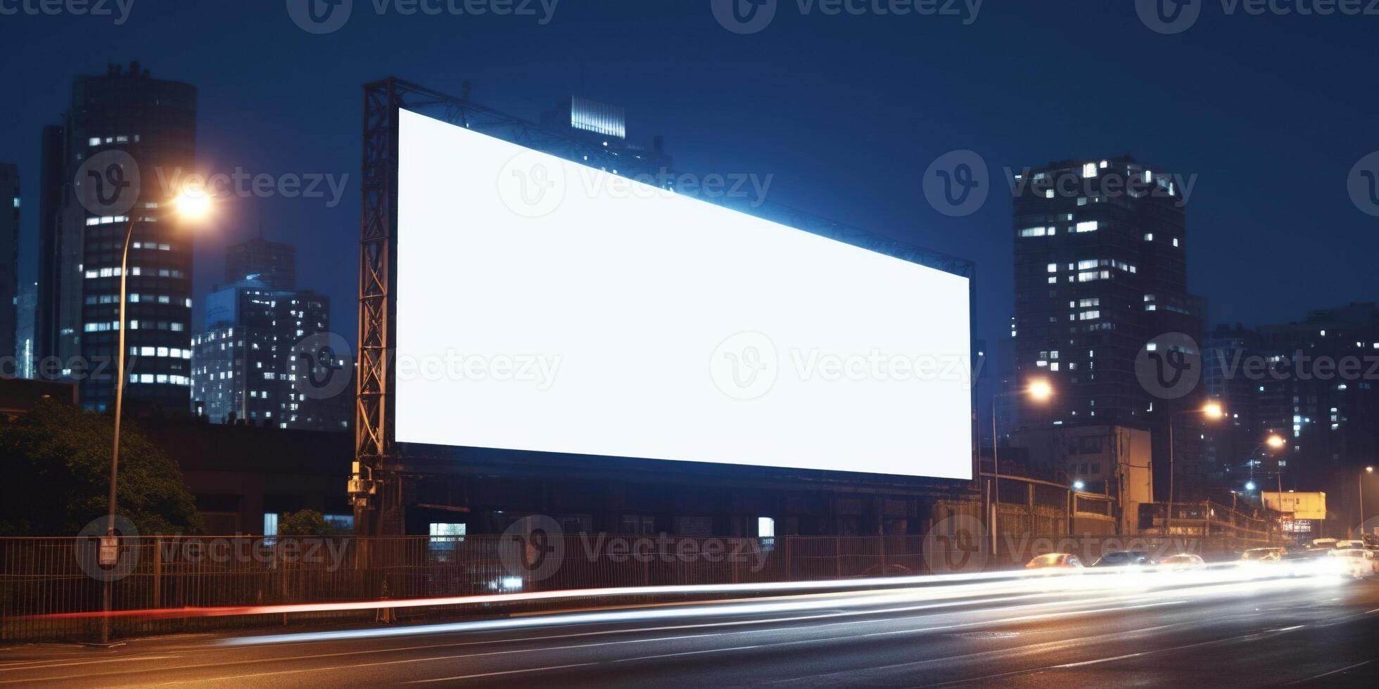 Generative AI, Realistic street big billboard mock up blank for presentation advertising. Outdoor sign blank in the futuristic city, business concept photo