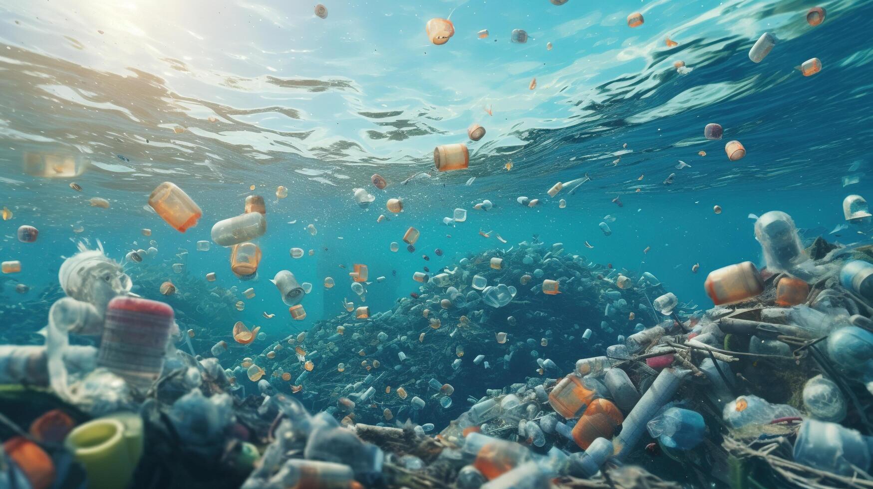 Generative AI, Plastic carrier bags, bottles and other garbage pollution in ocean. Environment concept photo