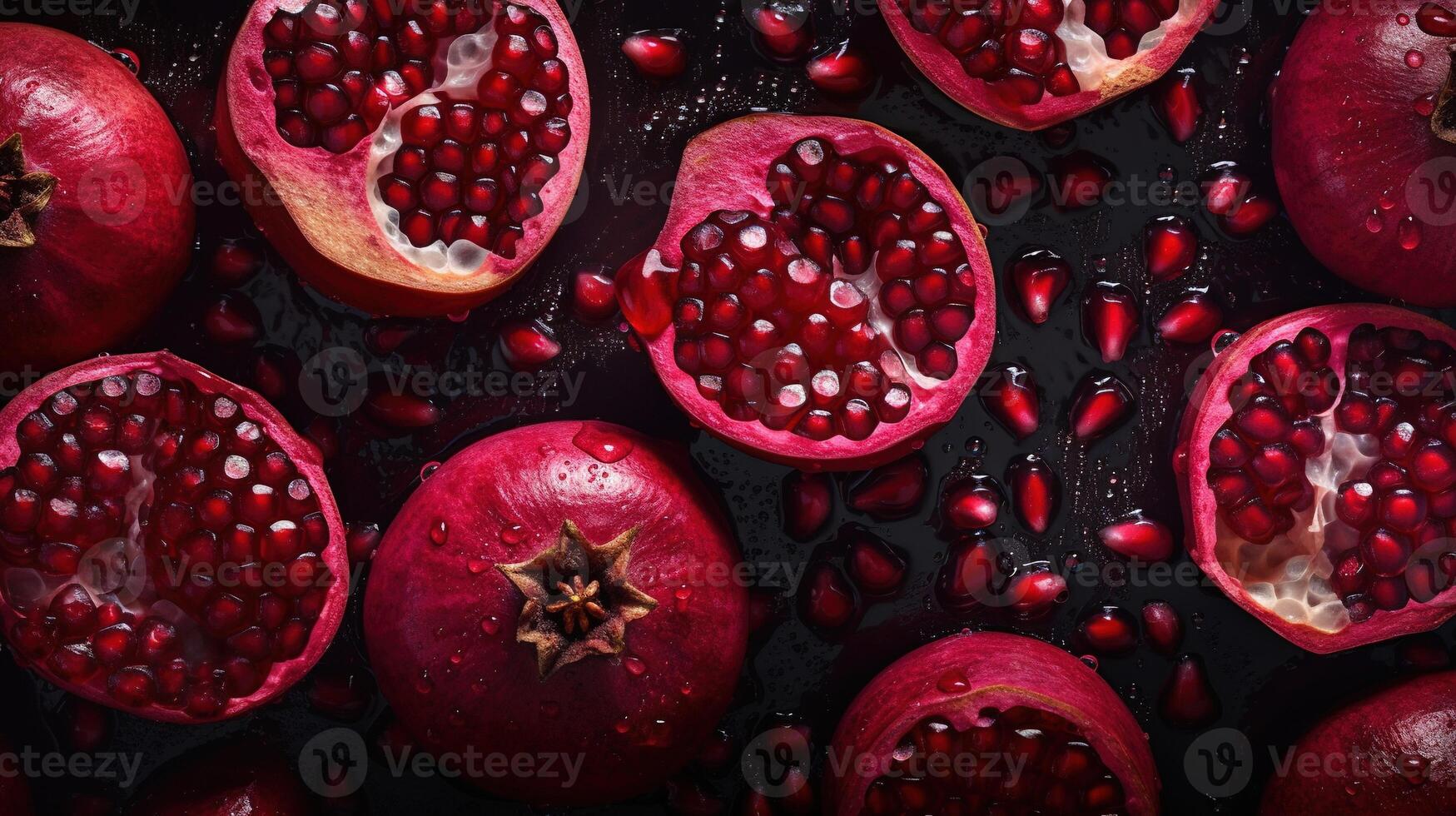 , Macro Fresh Juicy half and whole of pomegranate fruit background as pattern. Closeup photo with drops of water