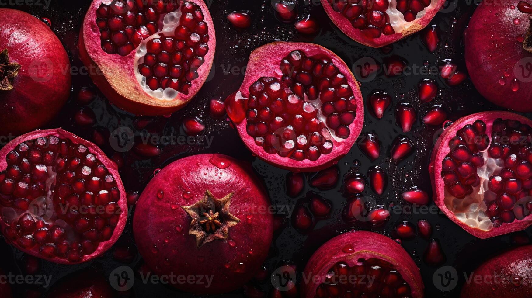 Generative AI, Macro Fresh Juicy half and whole of pomegranate fruit background as pattern. Closeup photo with drops of water