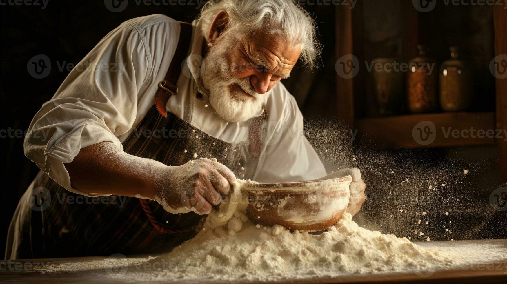 generativo ai, antiguo hombre manos de panadero en restaurante o hogar cocina, prepara ecológicamente natural pasteles foto