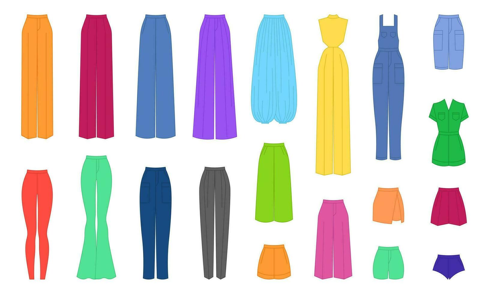 conjunto de pantalones, bermudas, mono para mujer. vector ilustración