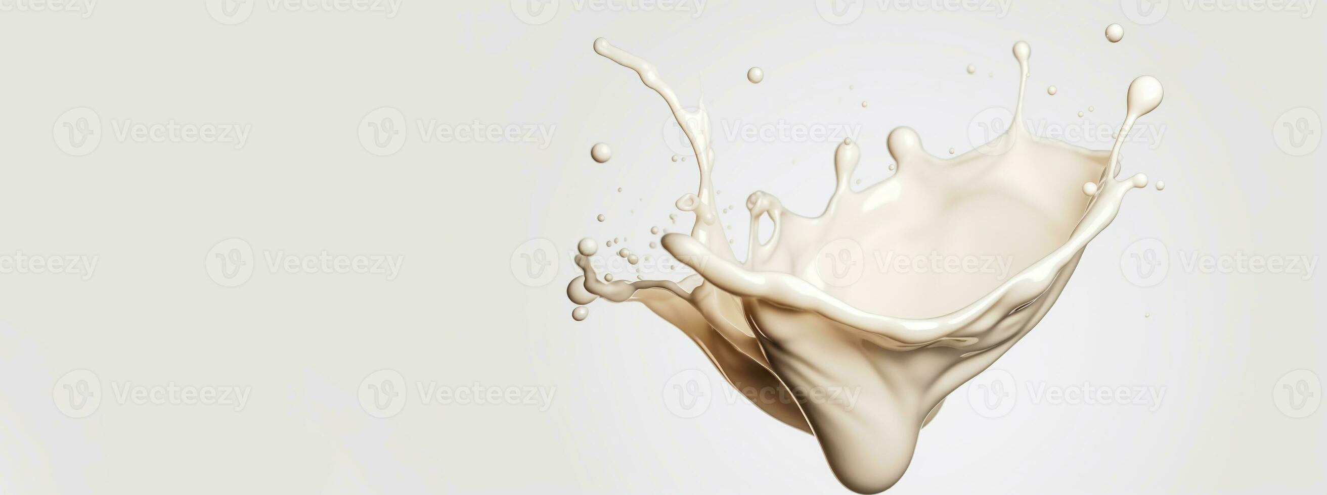 Generative AI, Flowing liquid with splashes in white color. Glossy creamy milk fluid banner, 3D effect, modern macro photorealistic abstract background illustration photo