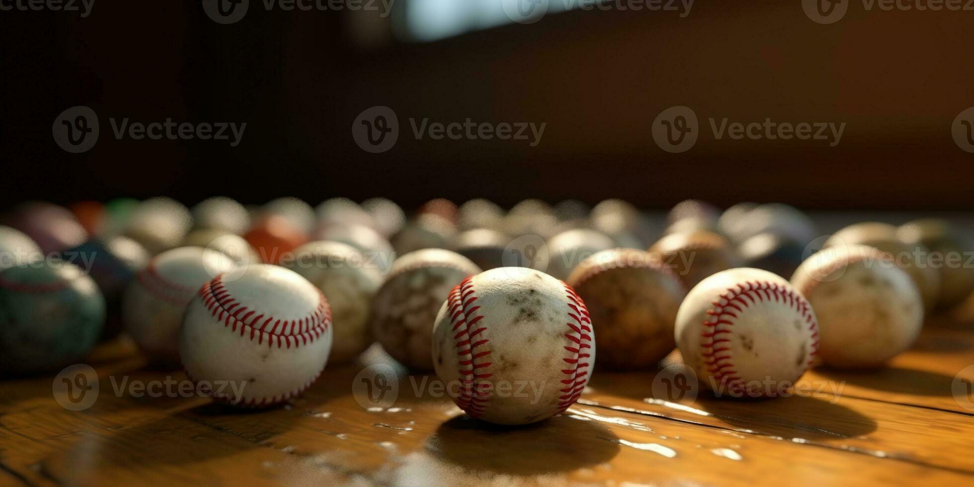 Generative AI, Rough and rugged texture of old baseball balls close up on vintage background photo