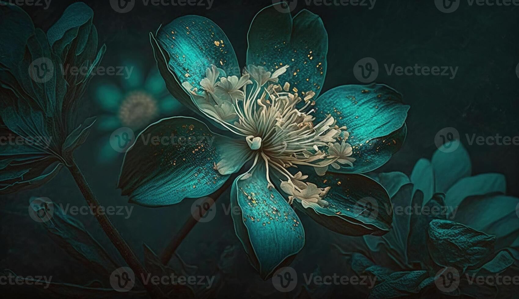 , Close up of blooming flowerbeds of amazing teal flowers on dark moody floral textured background. Photorealistic effect. photo