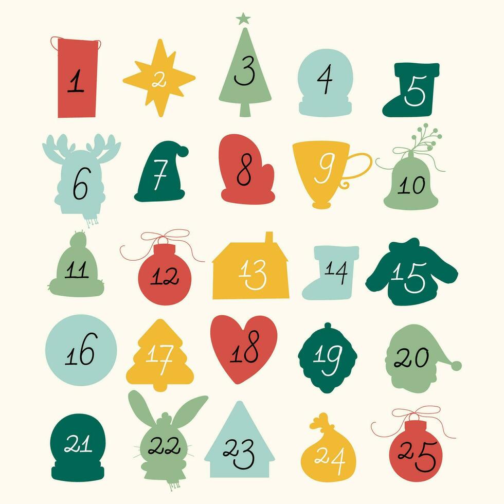 Hand draw christmas advent calendar coloured silhouette vector