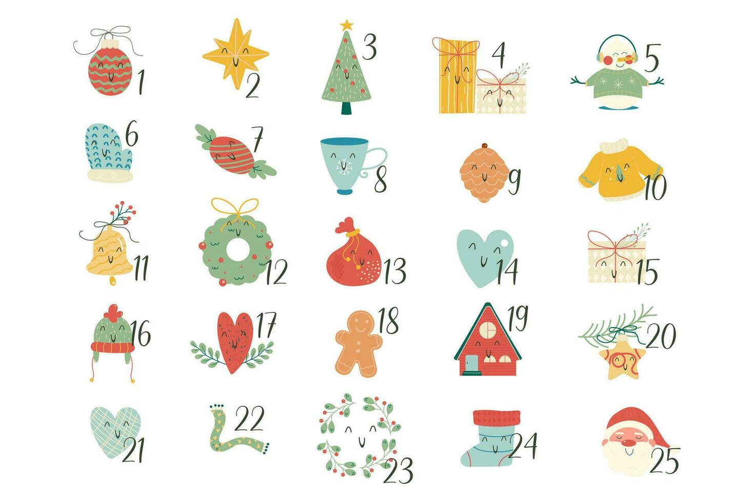 Hand draw christmas kawaii advent calendar vector