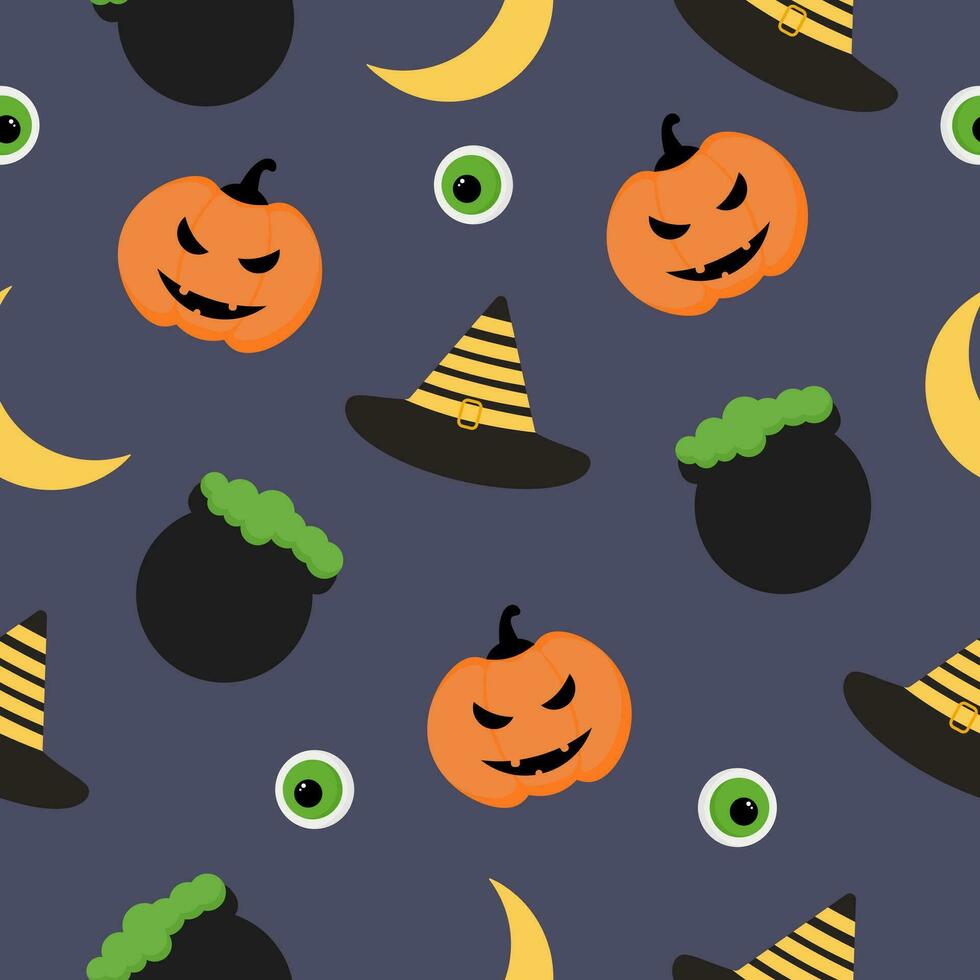 Halloween pattern with pumpkin, eye, moon, witch hat and cauldron vector