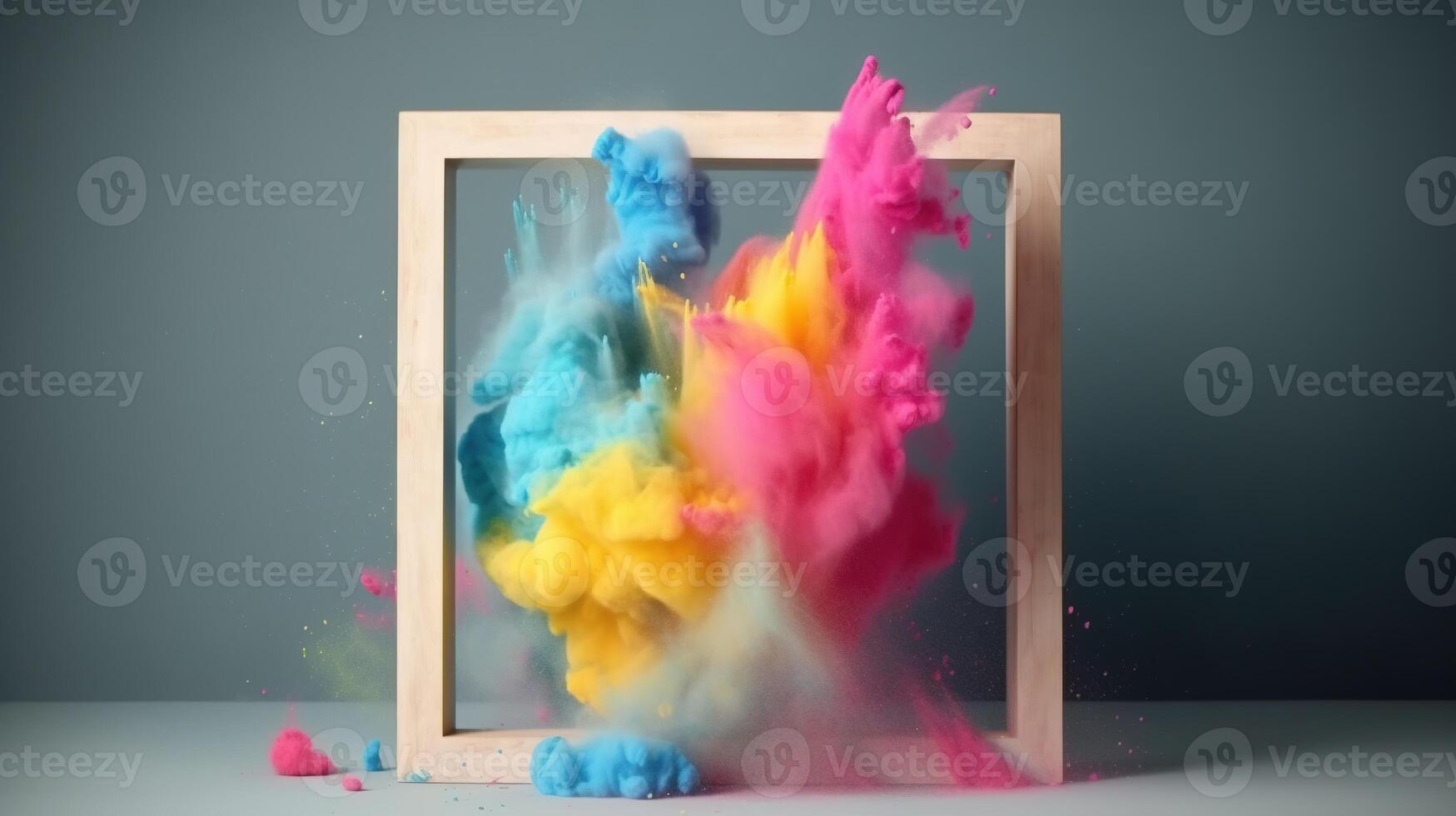 Generative AI, Frame with colorful holi powder paint explosion, creative splash, multicolor cloud photo