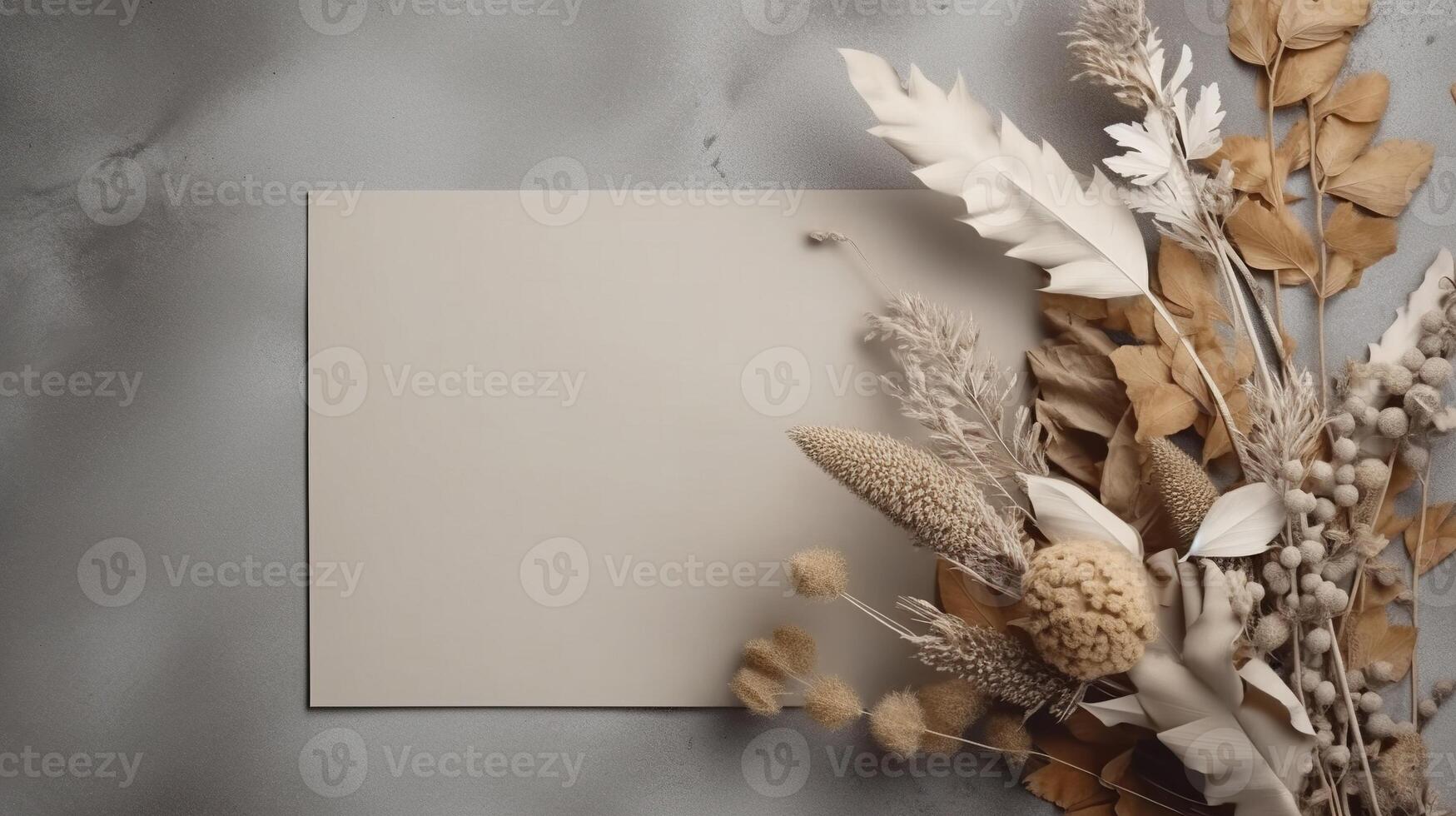 , Bohemian white blank sheet paper surrounded by natural dried leaves and plants, poster mock up photo