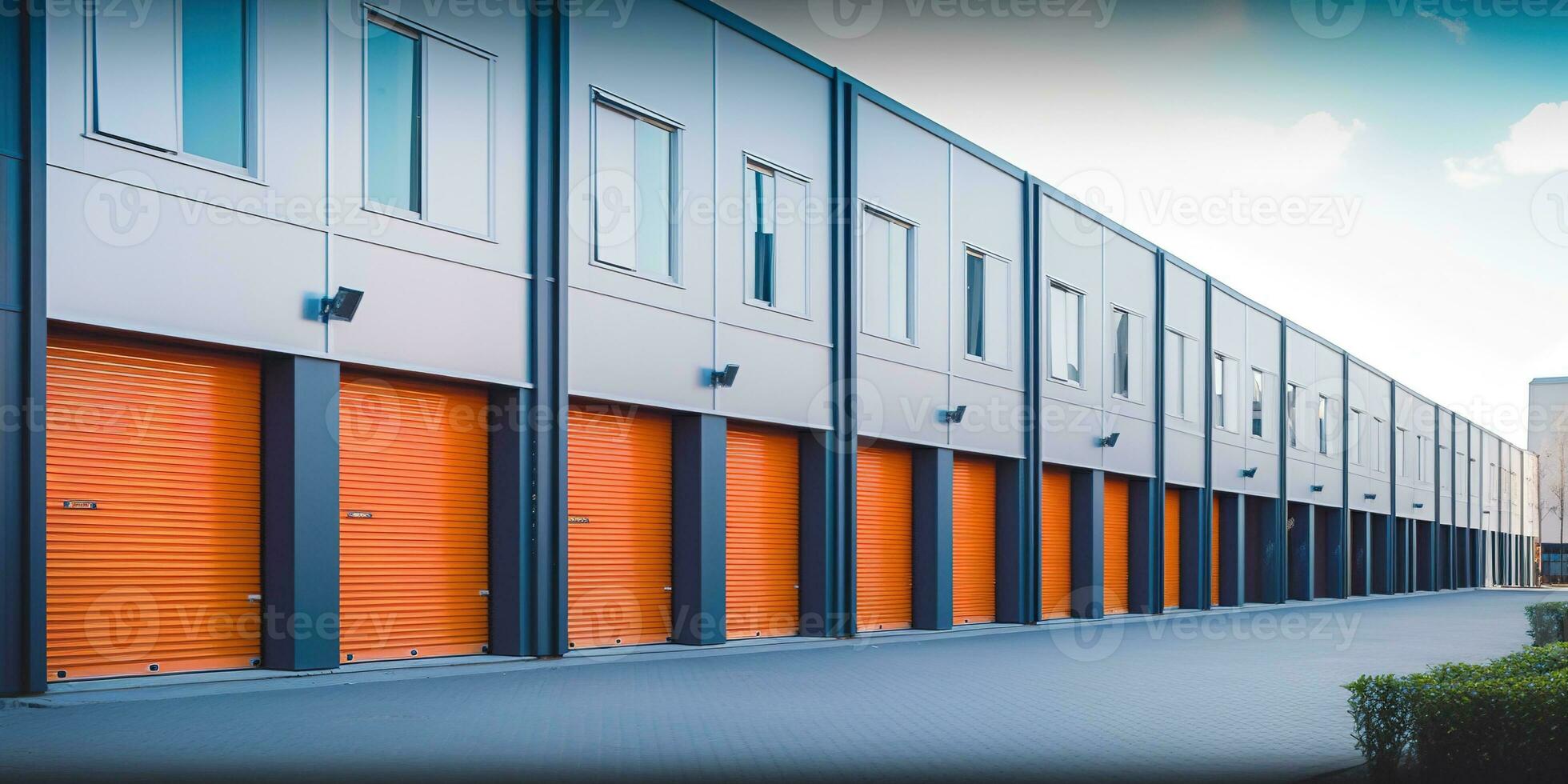 Generative AI, Mini colorful metal self storage facilities rental units, warehouse exterior, industry garage building. photo