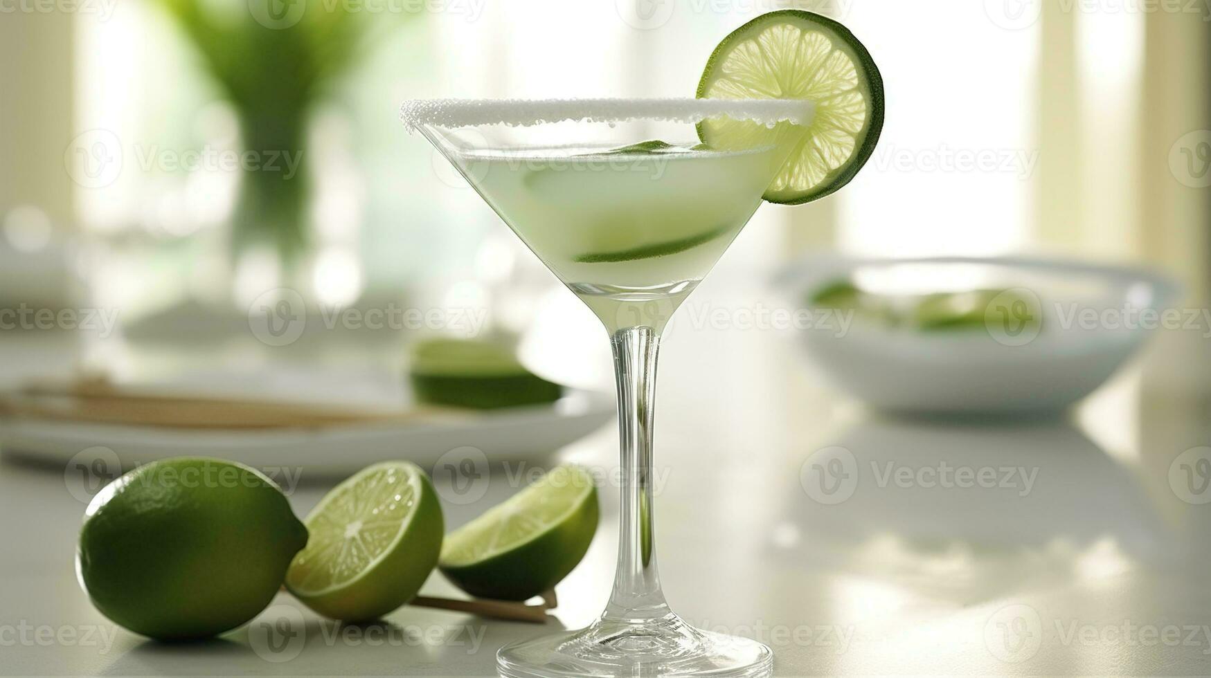 Generative AI, margarita cocktail on the table in the white kitchen with lime. Alcoholic drink photo