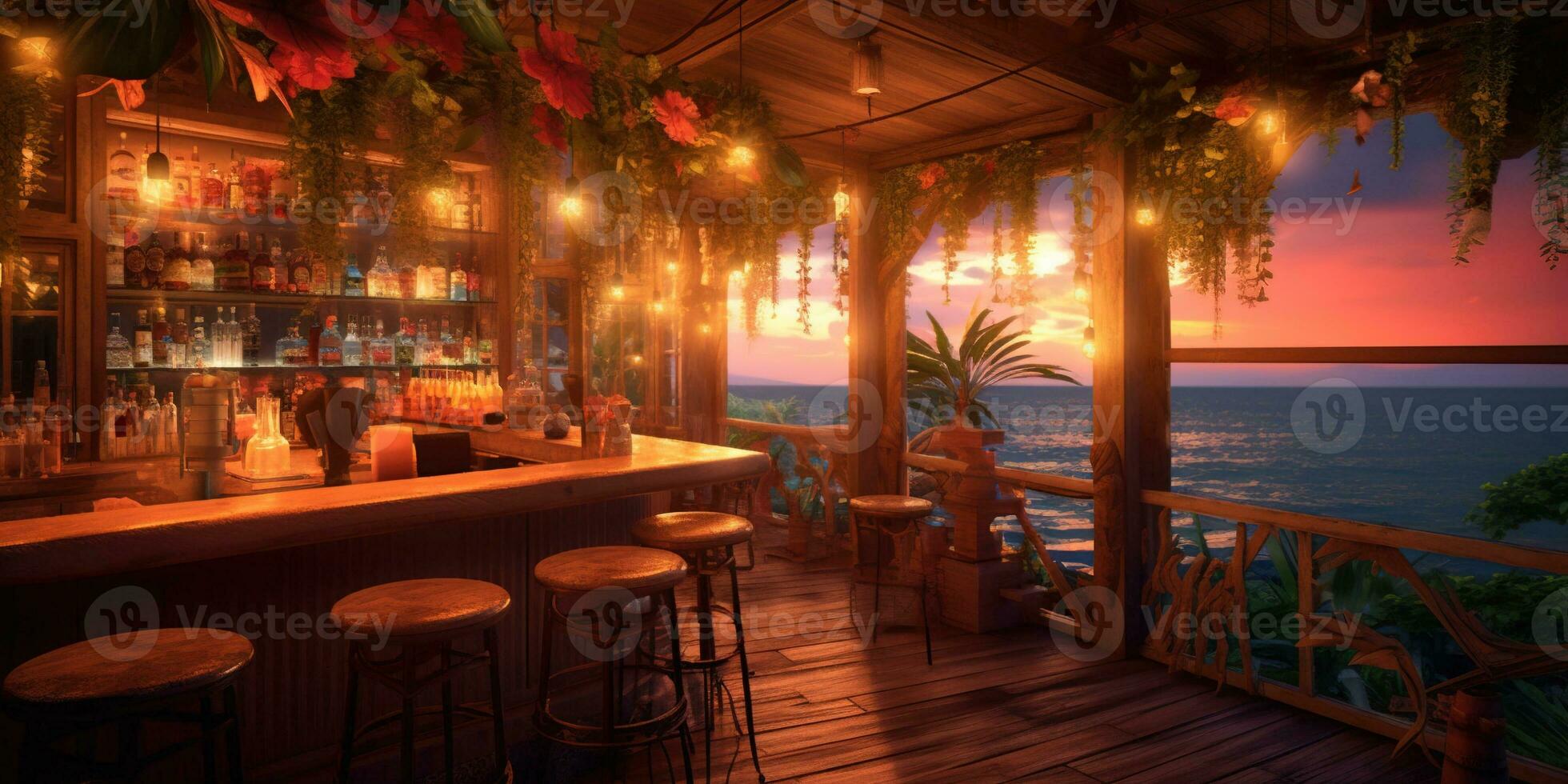 Generative AI, Tropical summer sunset beach bar background. Outdoor restaurant, Led light candles and wooden tables, chairs under beautiful sunset sky, sea view. photo