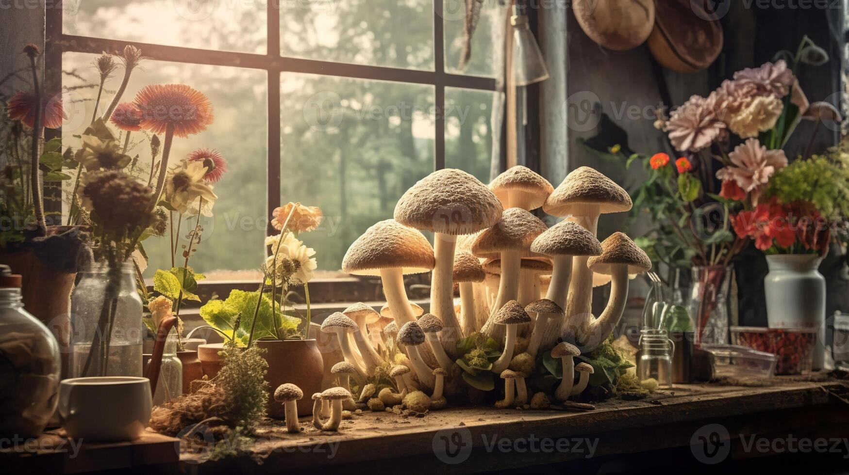 , room full of many different mushrooms with window photo