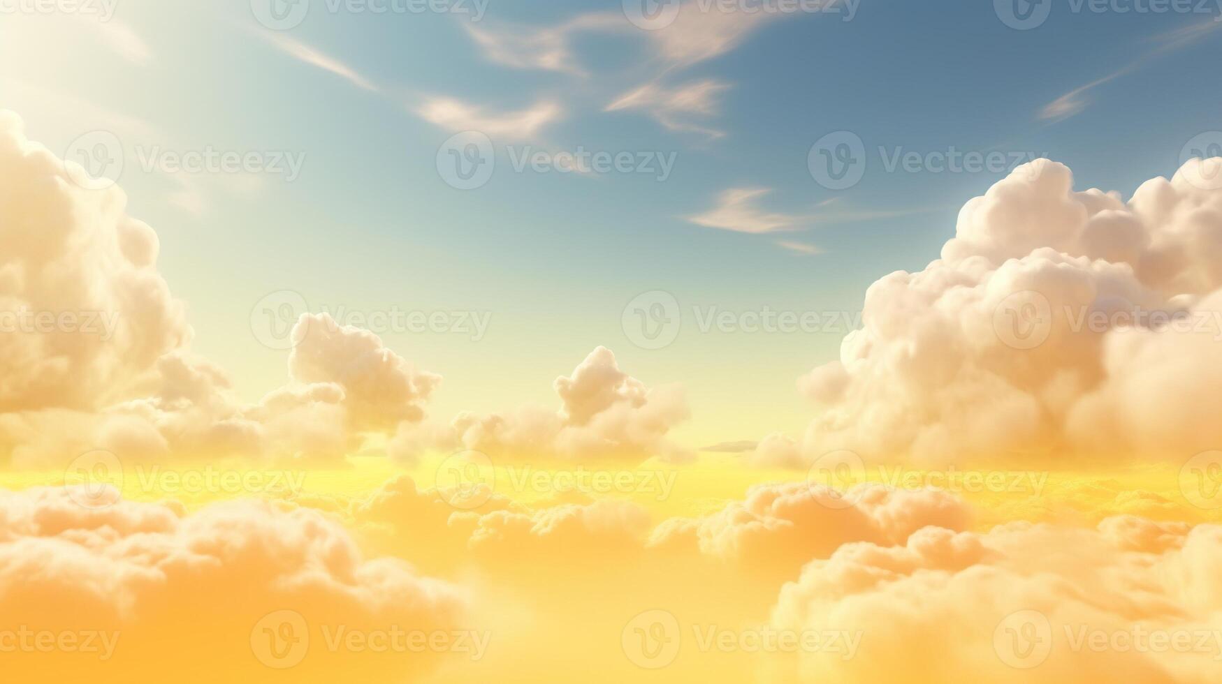 , Light yellow fantastic 3d clouds on the floor, sky and landscape. Gentle colors and with bright lights. photo