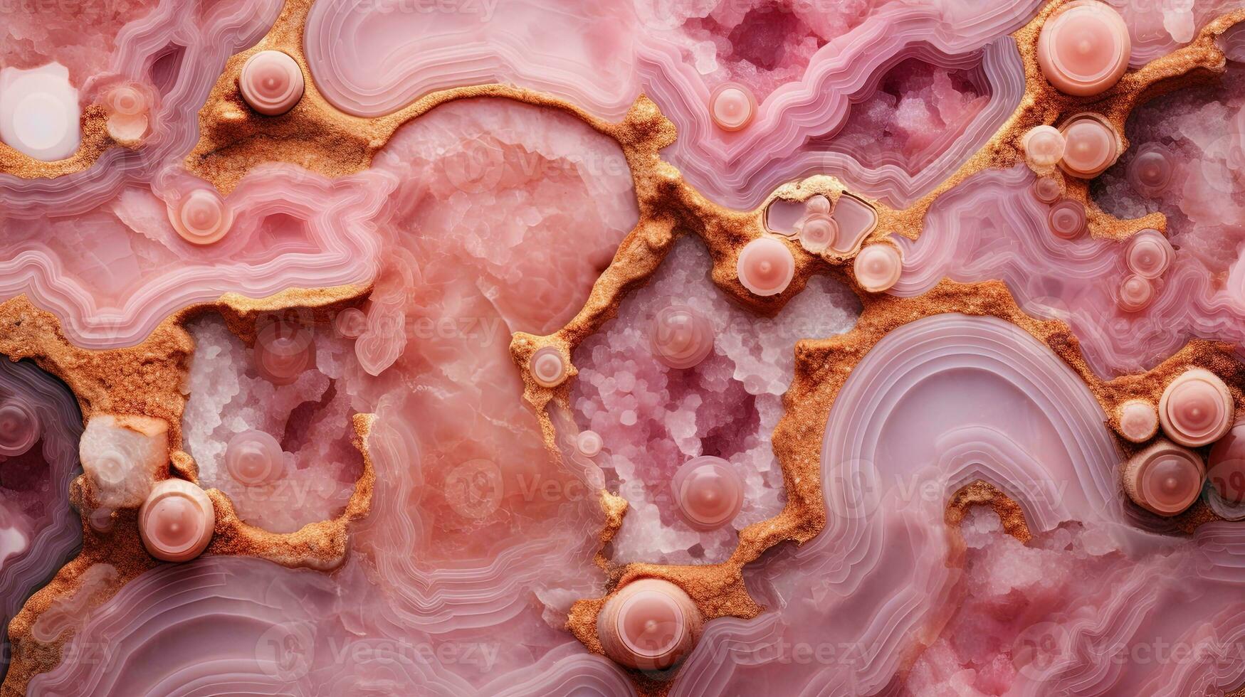 Generative AI, natural volcanic agate stones close-up light pink magenta and golden texture. Wallpaper background, quartz marble, decorative rock pattern photo