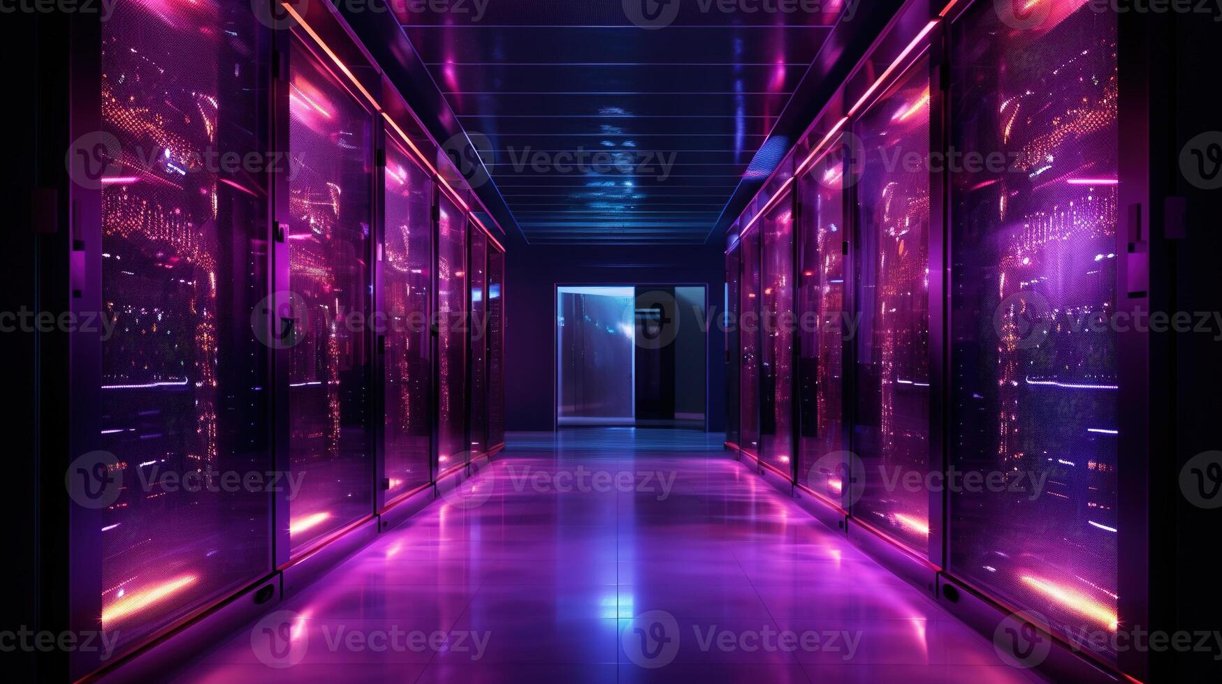 Generative AI, Data Center, modern high technology server room in purple neon colors. Modern telecommunications, cloud computing, artificial intelligence, database. photo