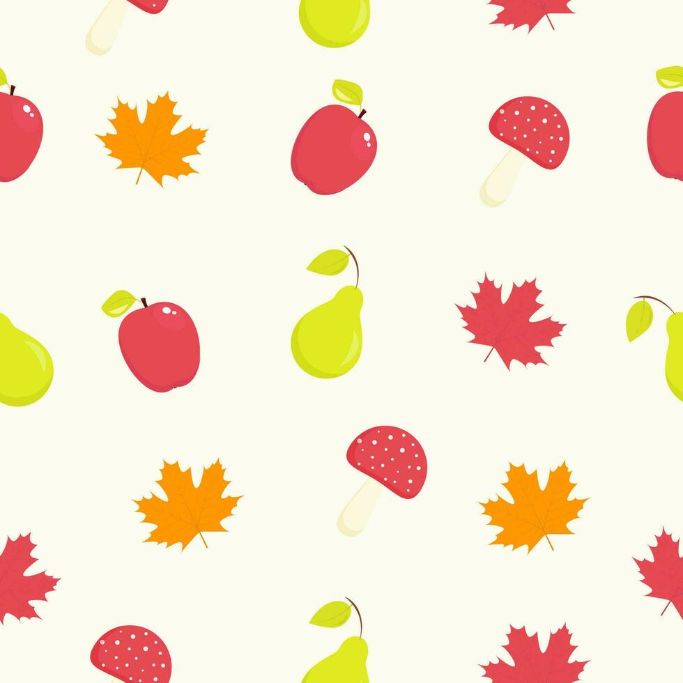 otoño sin costura modelo con manzana, pera, seta y hoja vector