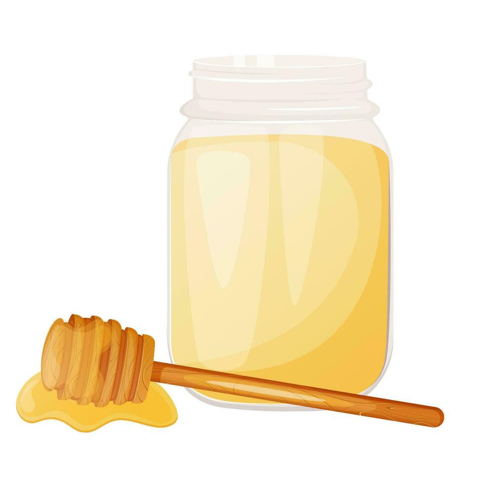 Jar of honey and dipper with pouring honey vector