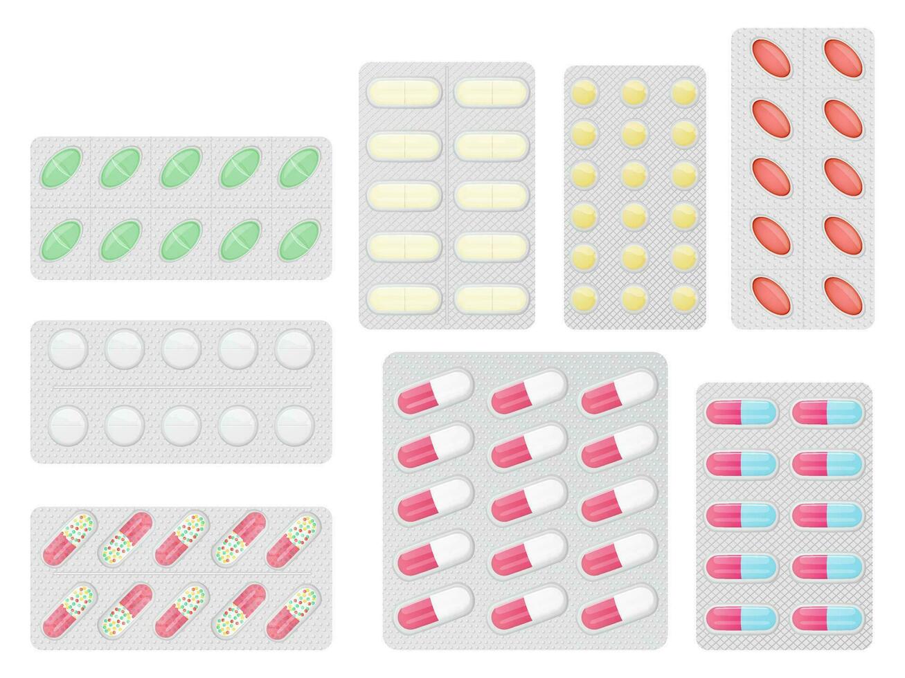 Set of pills in different blister pack isolated on white vector