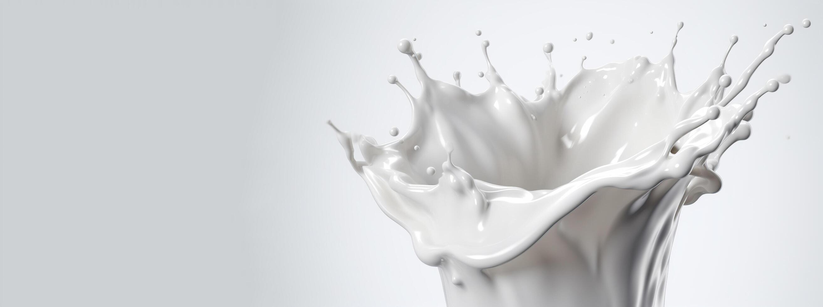 , Flowing liquid with splashes in white color. Glossy creamy milk fluid banner, 3D effect, modern macro photorealistic abstract background illustration photo