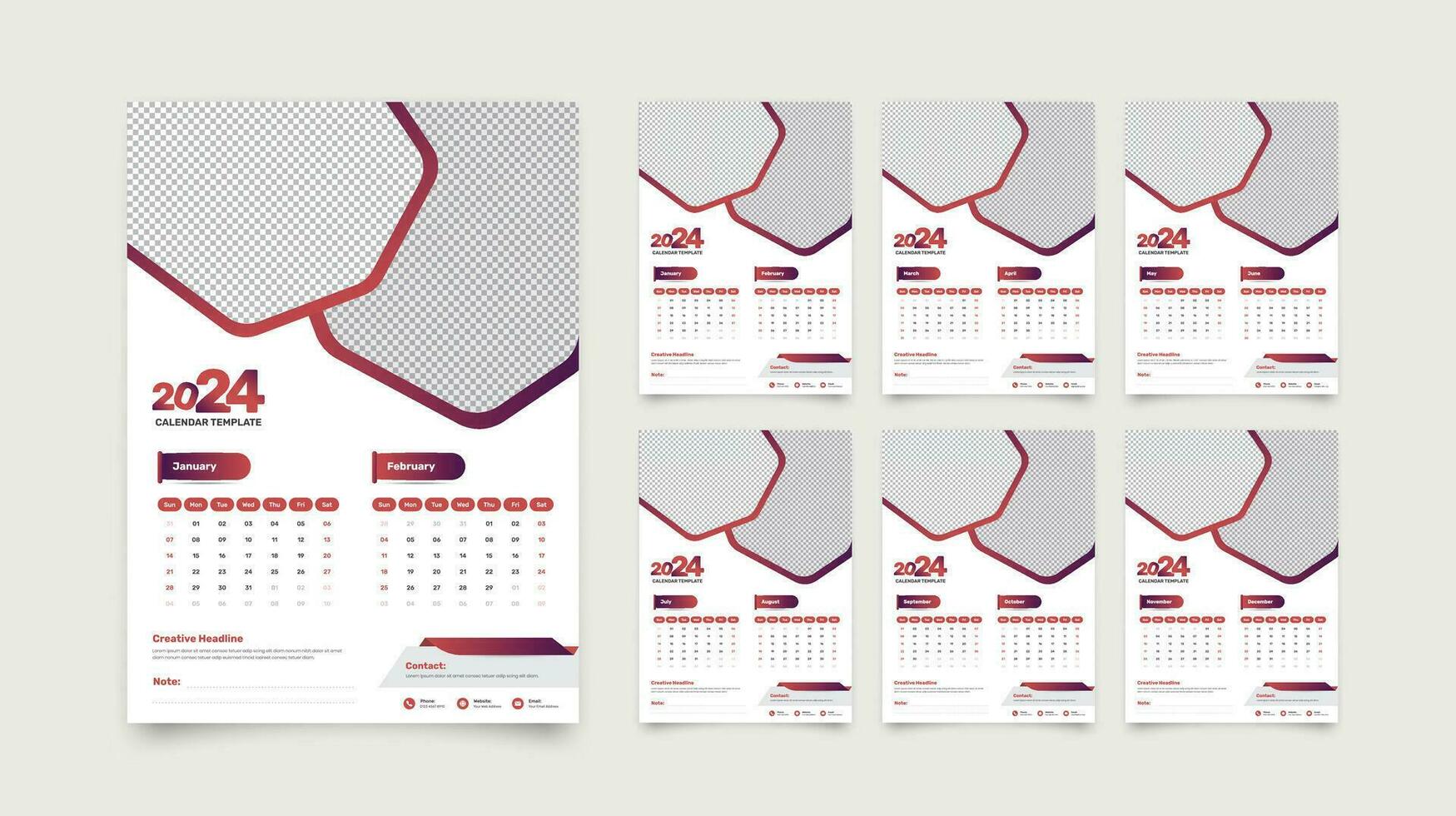 diseño moderno resumen pared calendario modelo para 2024 con dos meses' fechas Destacados en cada página vector