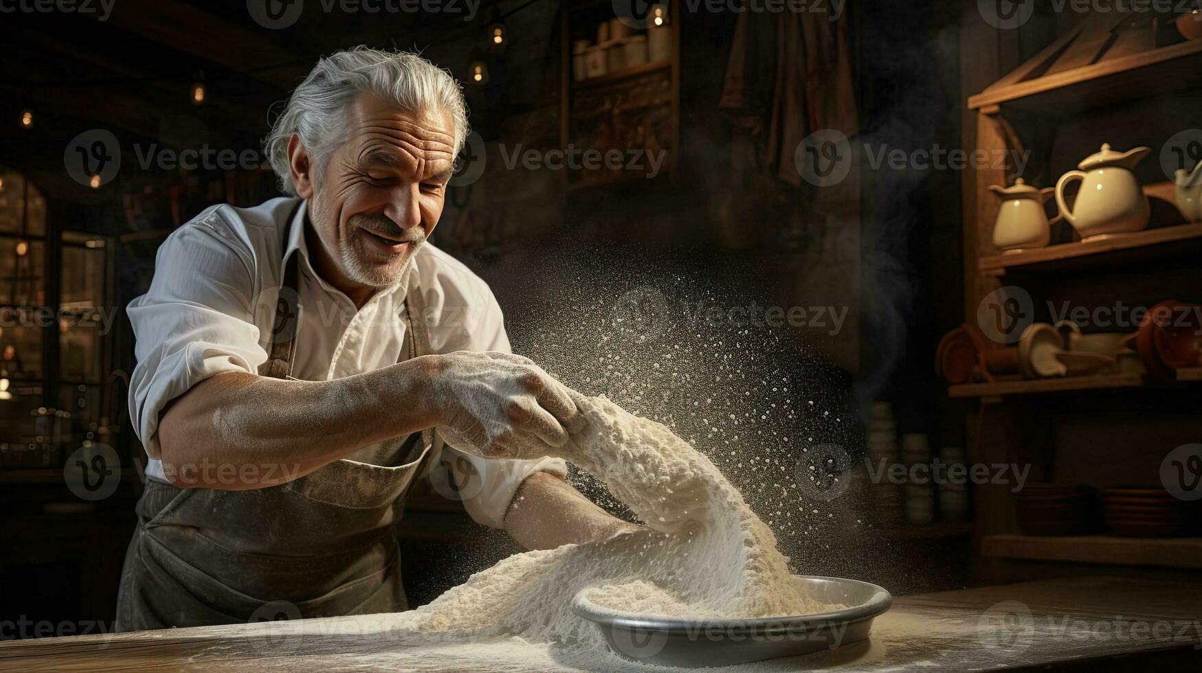 generativo ai, antiguo hombre manos de panadero en restaurante o hogar cocina, prepara ecológicamente natural pasteles foto