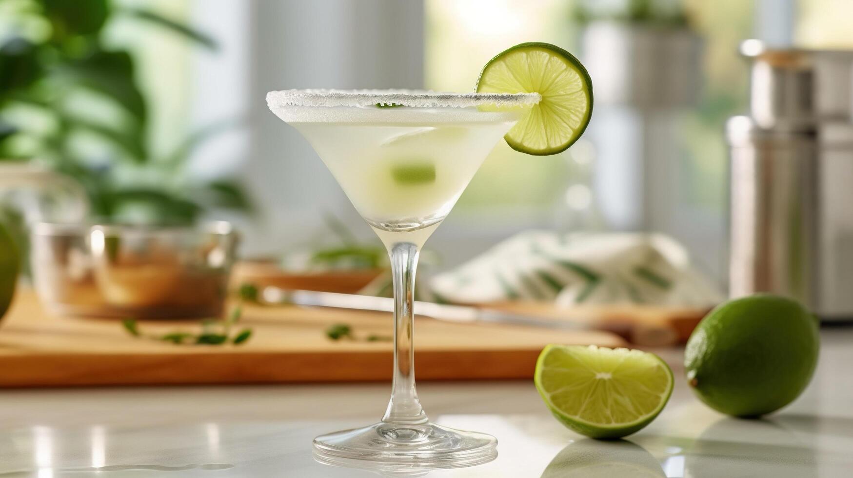 , margarita cocktail on the table in the white kitchen with lime. Alcoholic drink photo