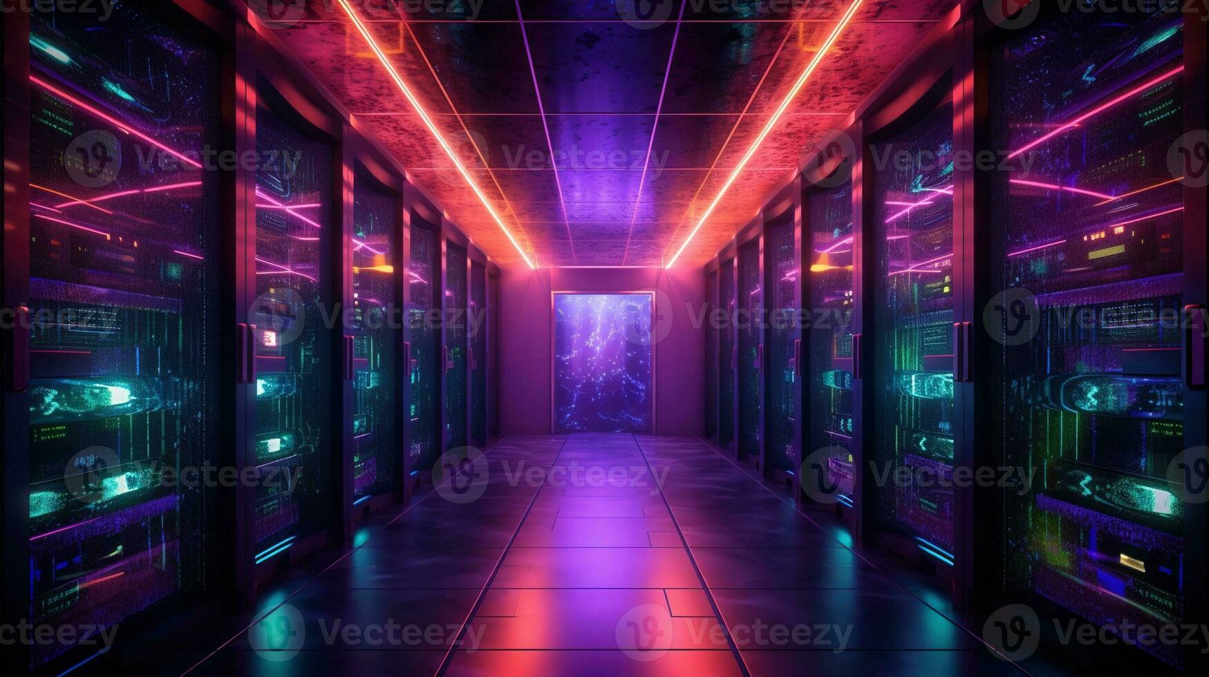 Generative AI, Data Center, modern high technology server room in purple neon colors. Modern telecommunications, cloud computing, artificial intelligence, database. photo