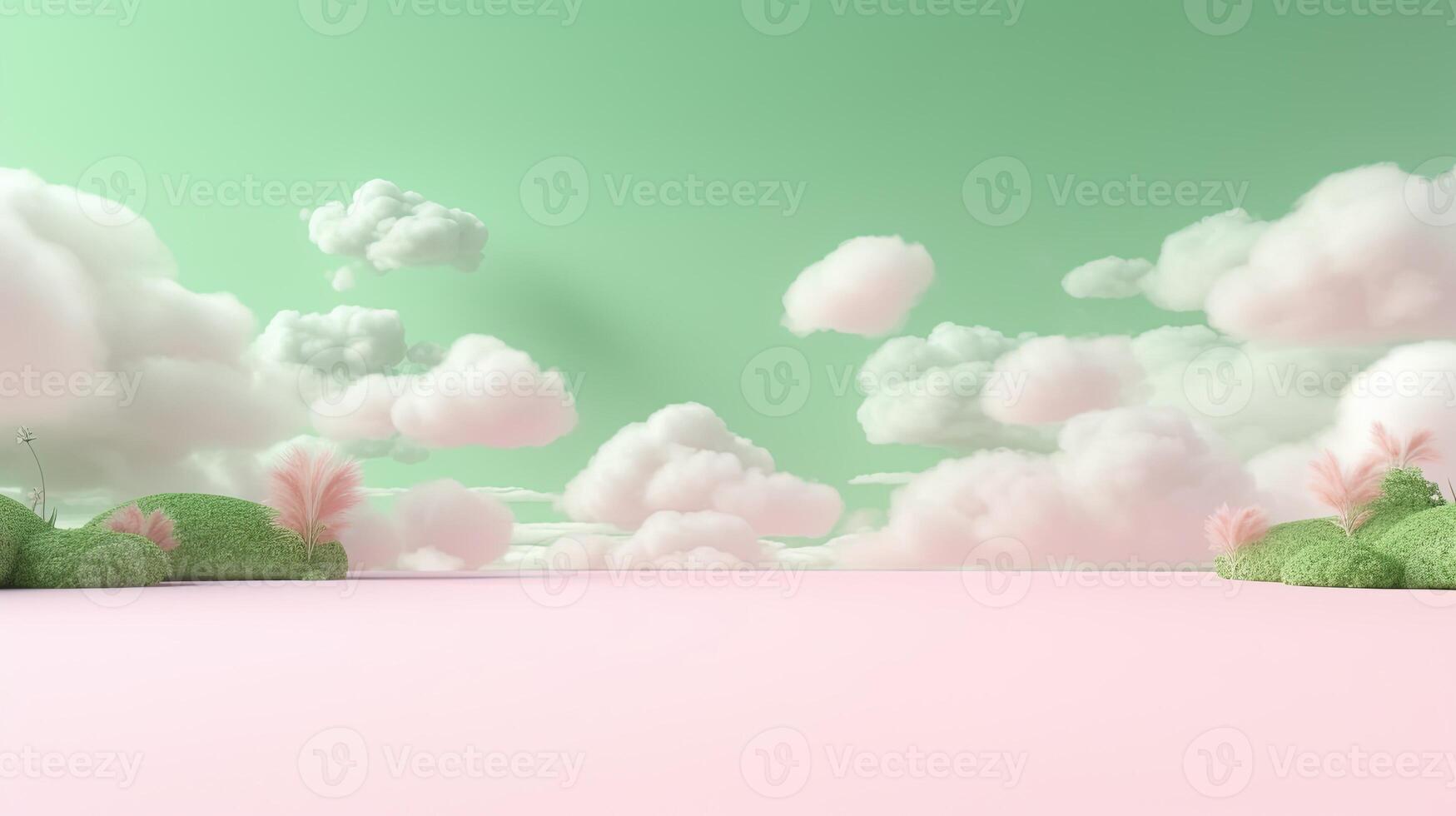 , Pink and green fantastic 3d clouds on the floor, sky and landscape. Gentle colors and with bright lights. photo