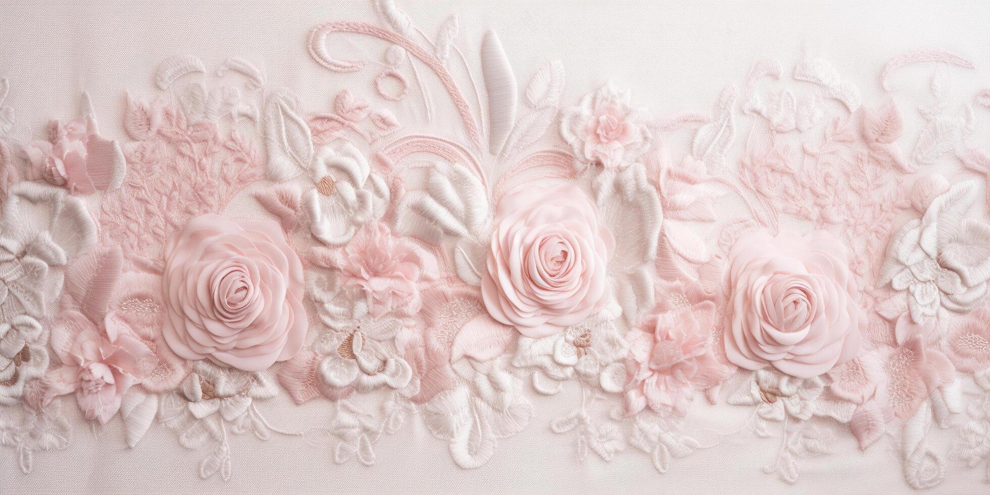 , embroidered shabby chic baroque light pink roses pattern. Floral print on silk background photo