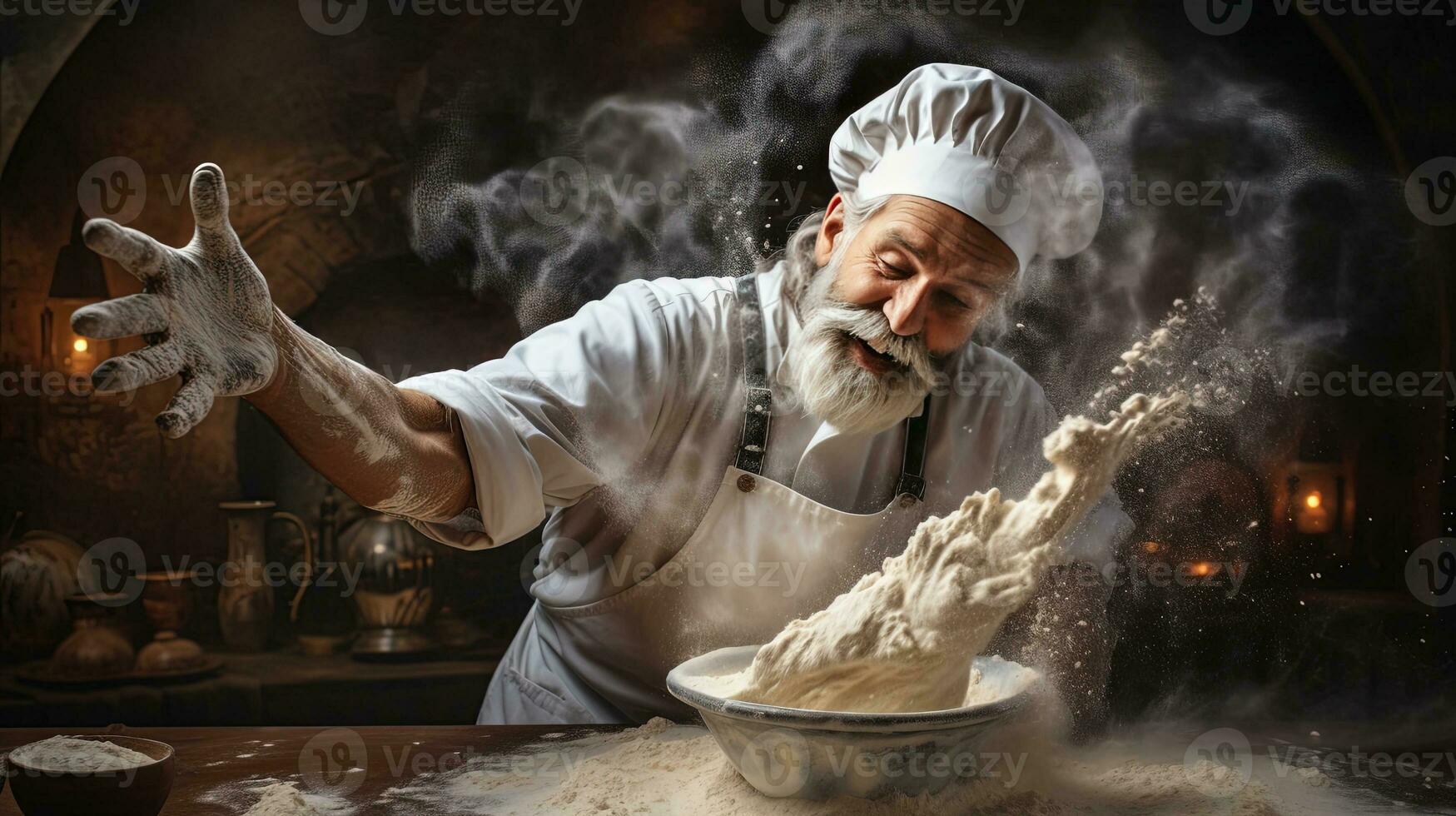 Generative AI, Old man hands of baker in restaurant or home kitchen, prepares ecologically natural pastries. photo