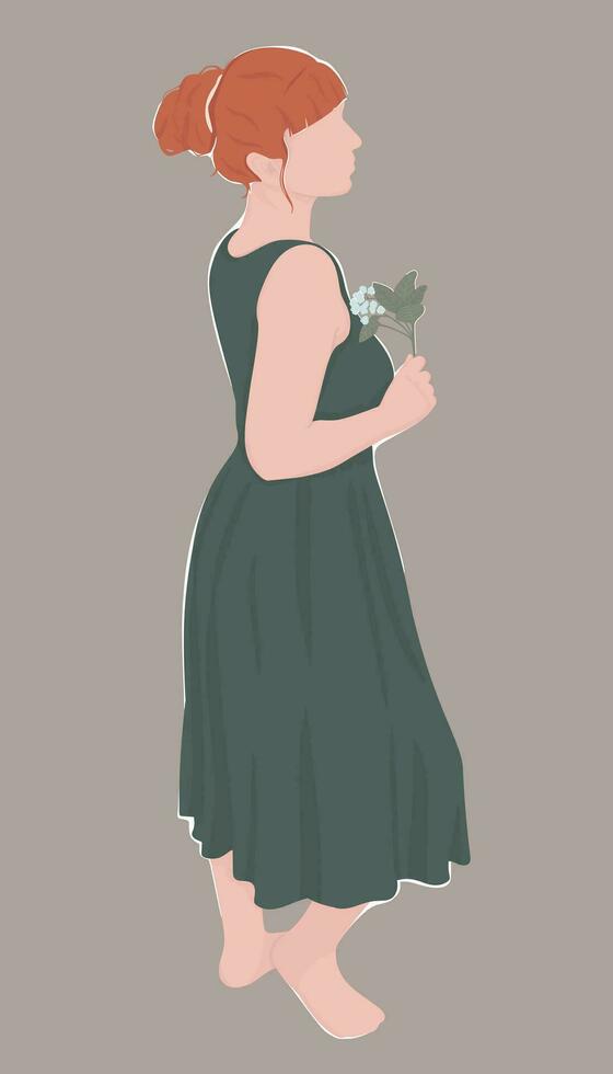 faceless red-haired girl in a green dress with a flower. vector modern flat illustration. for poster, postcard, banner or other design. isolated by layers.