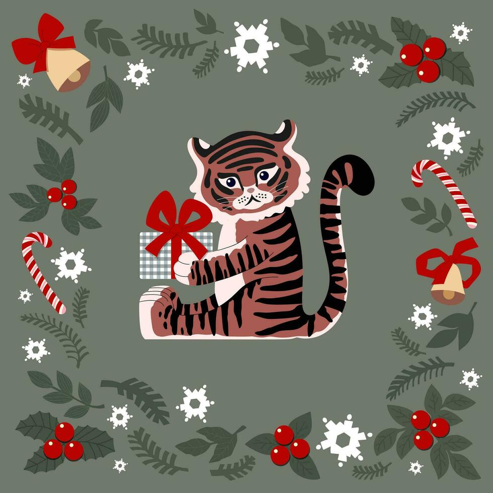 christmas set of drawn cute elements. tiger with a gift, snowflakes, spruce, bells, lollipops. year of the tiger 2022. for christmas cards, posters, magnets. vector flat illustration.