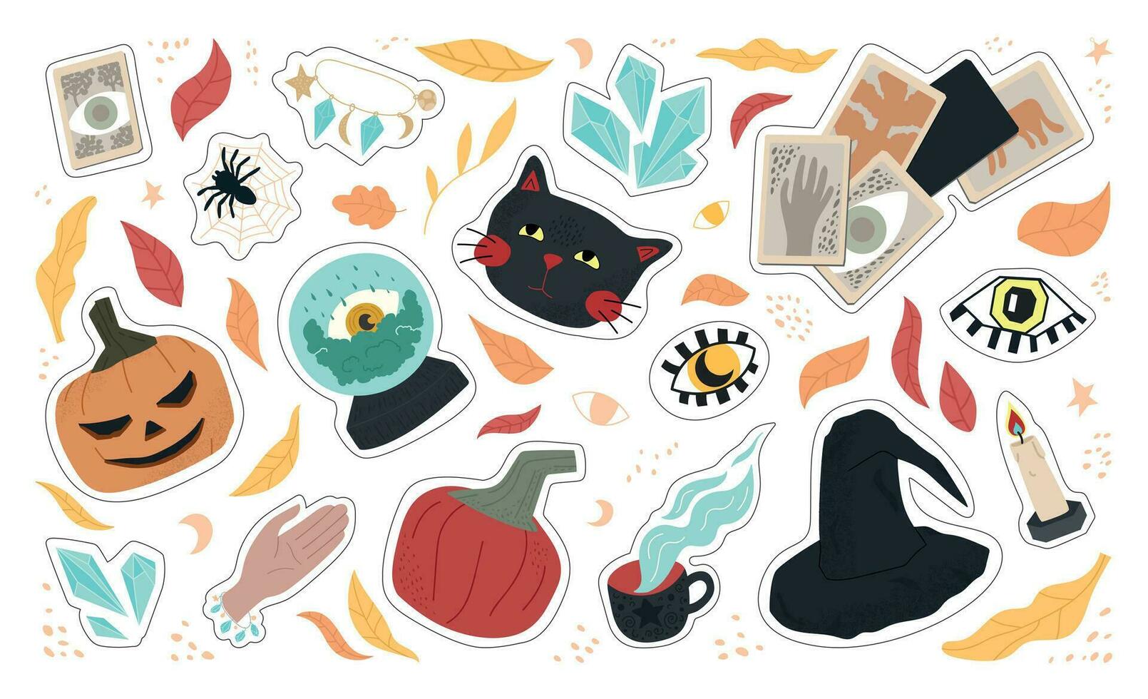 big set of cute Halloween stickers - black cat, eyes, witch hat, pumpkins, spiders, fortune telling ball, cards, crystals, autumn leaves. flat illustration. for a postcard, poster or any design. vector