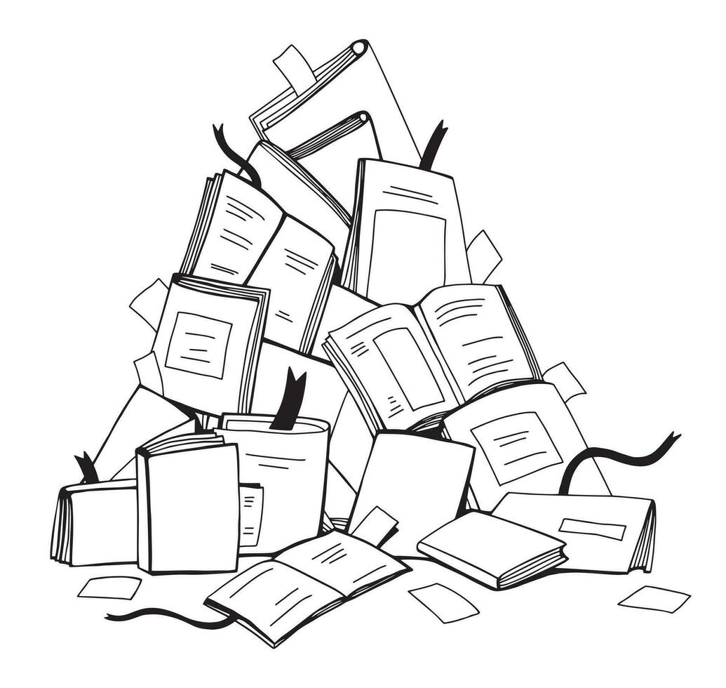 a bunch of textbooks, books and notebooks. vector black white graphic flat illustration. isolated on white.